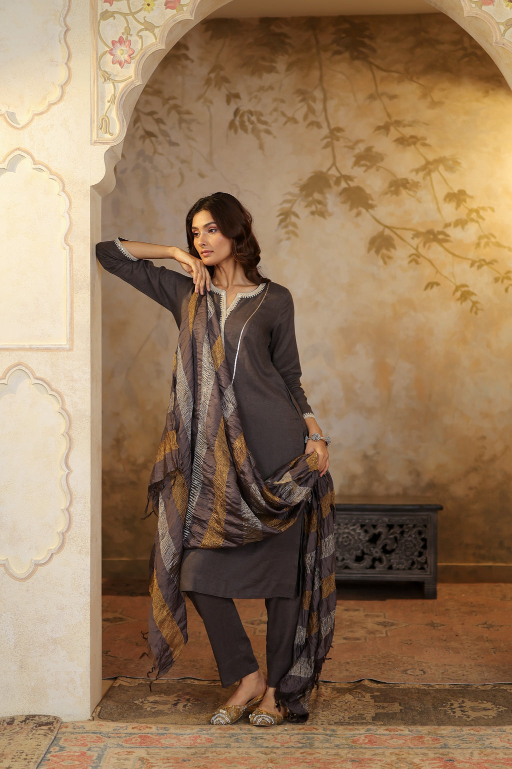 Nura Linen Kurta with Gul Sitara Detailing - Charcoal or Light Buff or Tuscan Beige