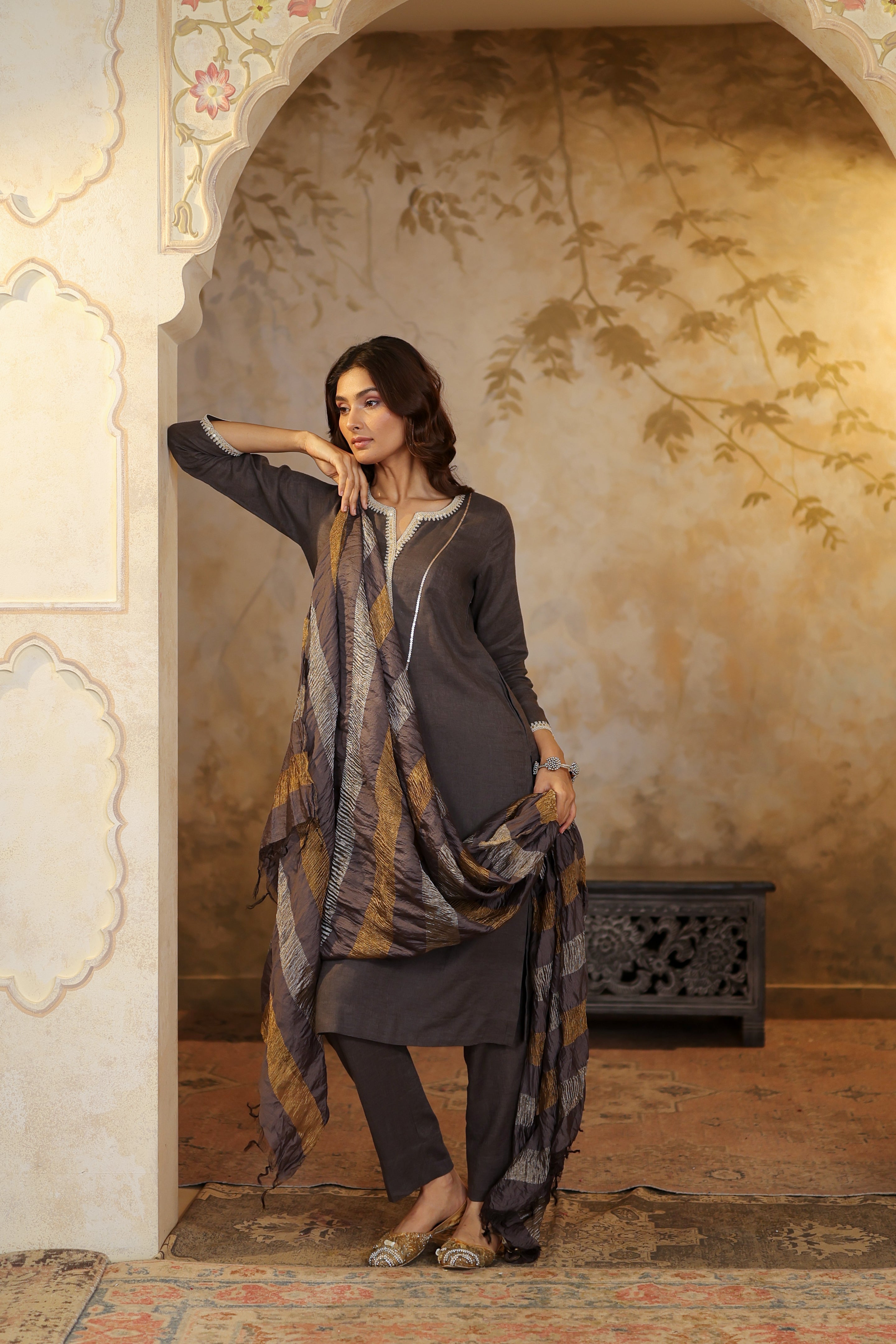 Nura Linen Kurta with Gul Sitara Detailing - Charcoal or Light Buff or Tuscan Beige