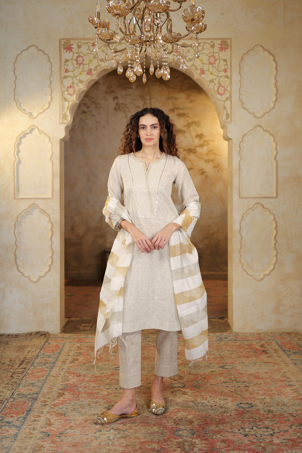 Nura Linen Kurta with Gul Sitara Detailing - Charcoal or Light Buff or Tuscan Beige