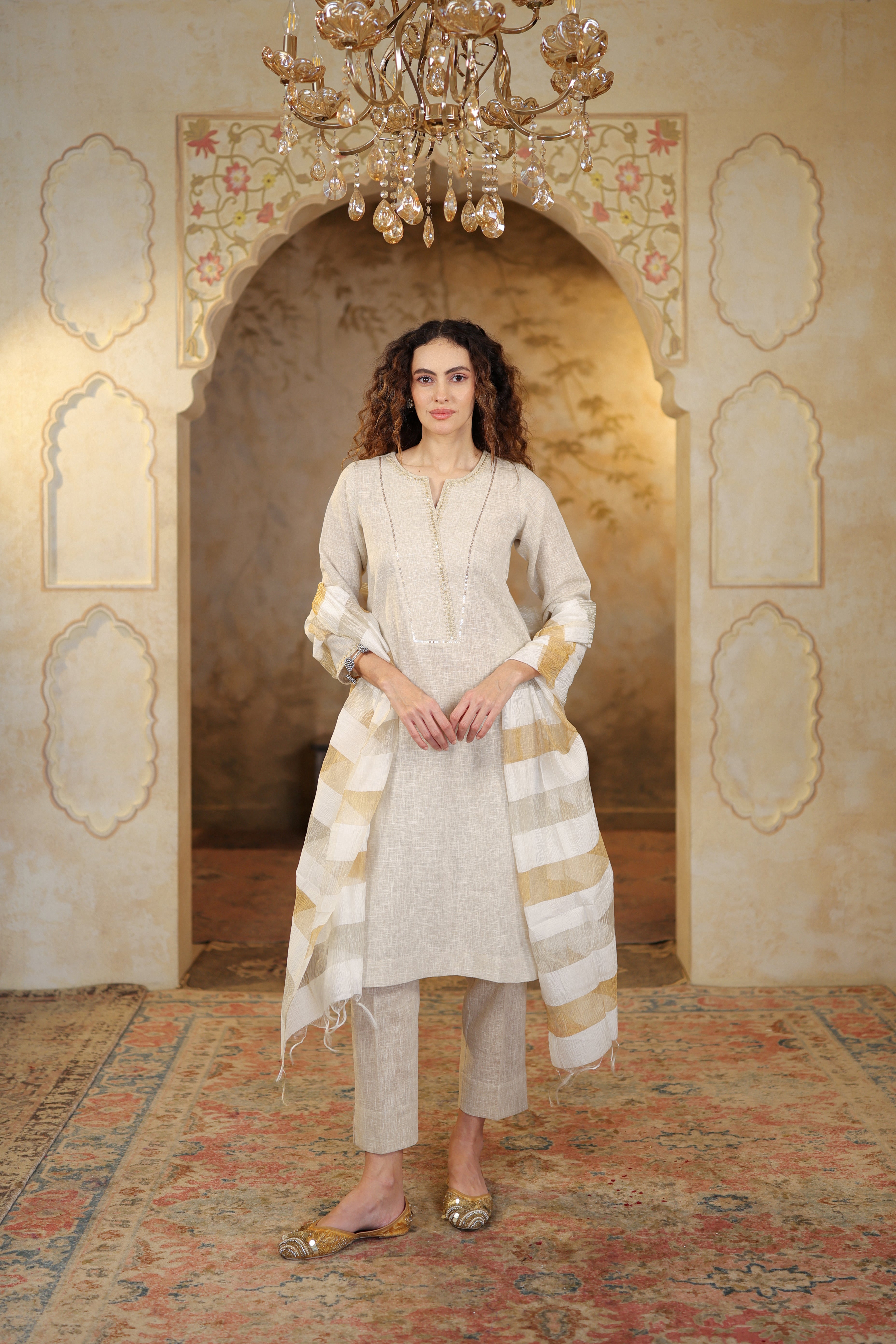 Nura Linen Kurta with Gul Sitara Detailing - Charcoal or Light Buff or Tuscan Beige
