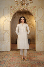 Nura Linen Kurta with Gul Sitara Detailing - Charcoal or Light Buff or Tuscan Beige