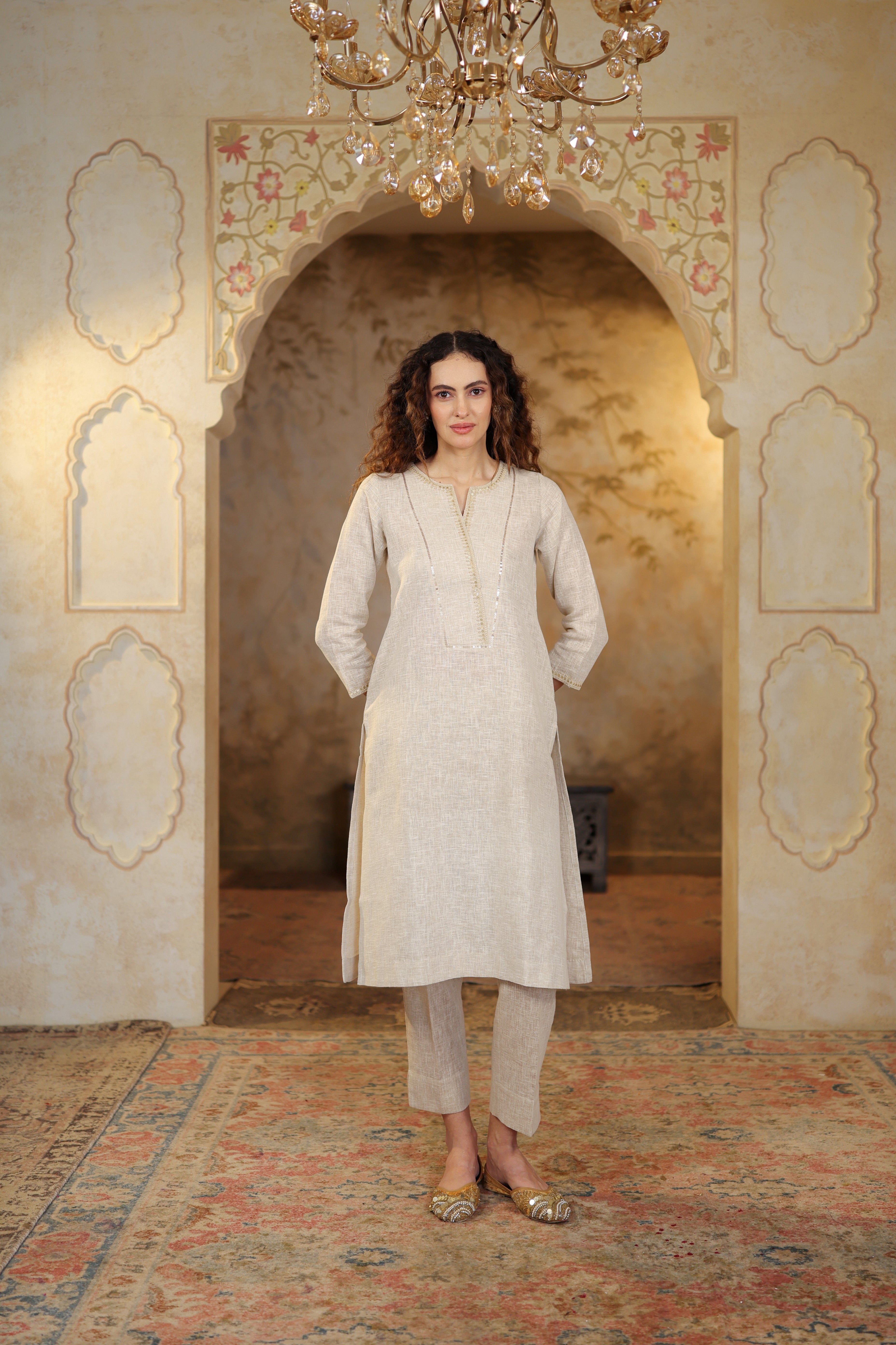Nura Linen Kurta with Gul Sitara Detailing - Charcoal or Light Buff or Tuscan Beige