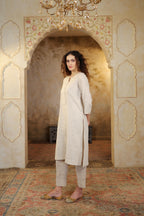 Nura Linen Kurta with Gul Sitara Detailing - Charcoal or Light Buff or Tuscan Beige