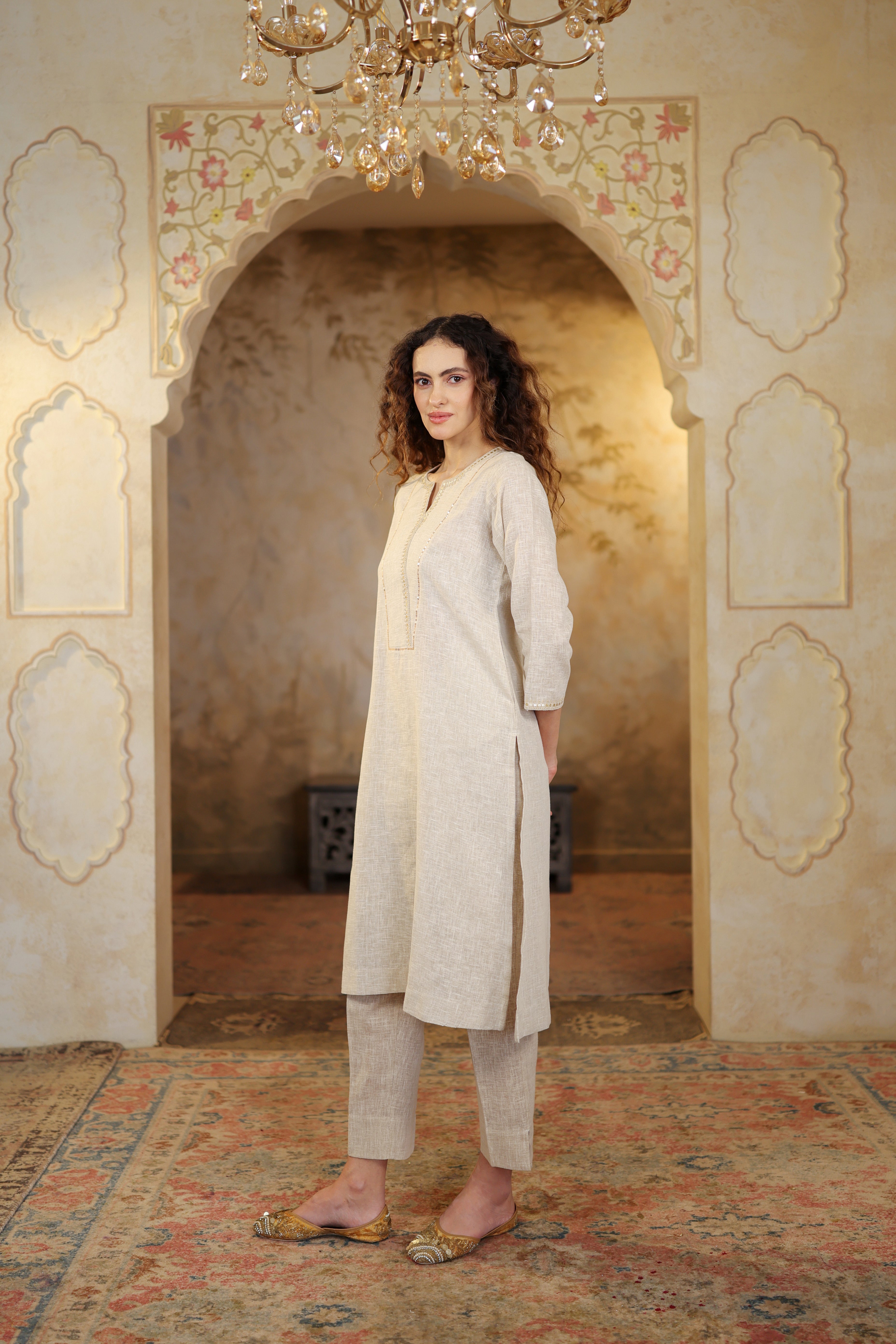 Nura Linen Kurta with Gul Sitara Detailing - Charcoal or Light Buff or Tuscan Beige