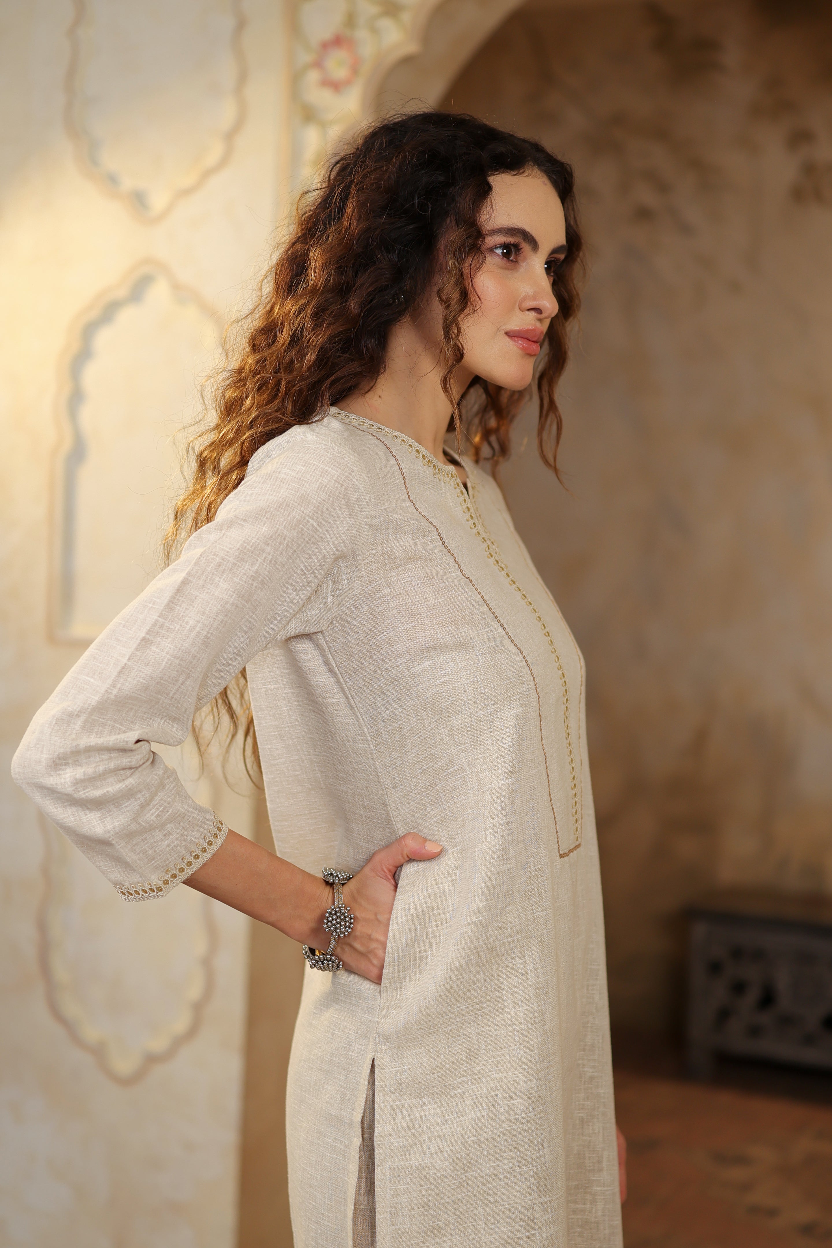 Nura Linen Kurta with Gul Sitara Detailing - Charcoal or Light Buff or Tuscan Beige