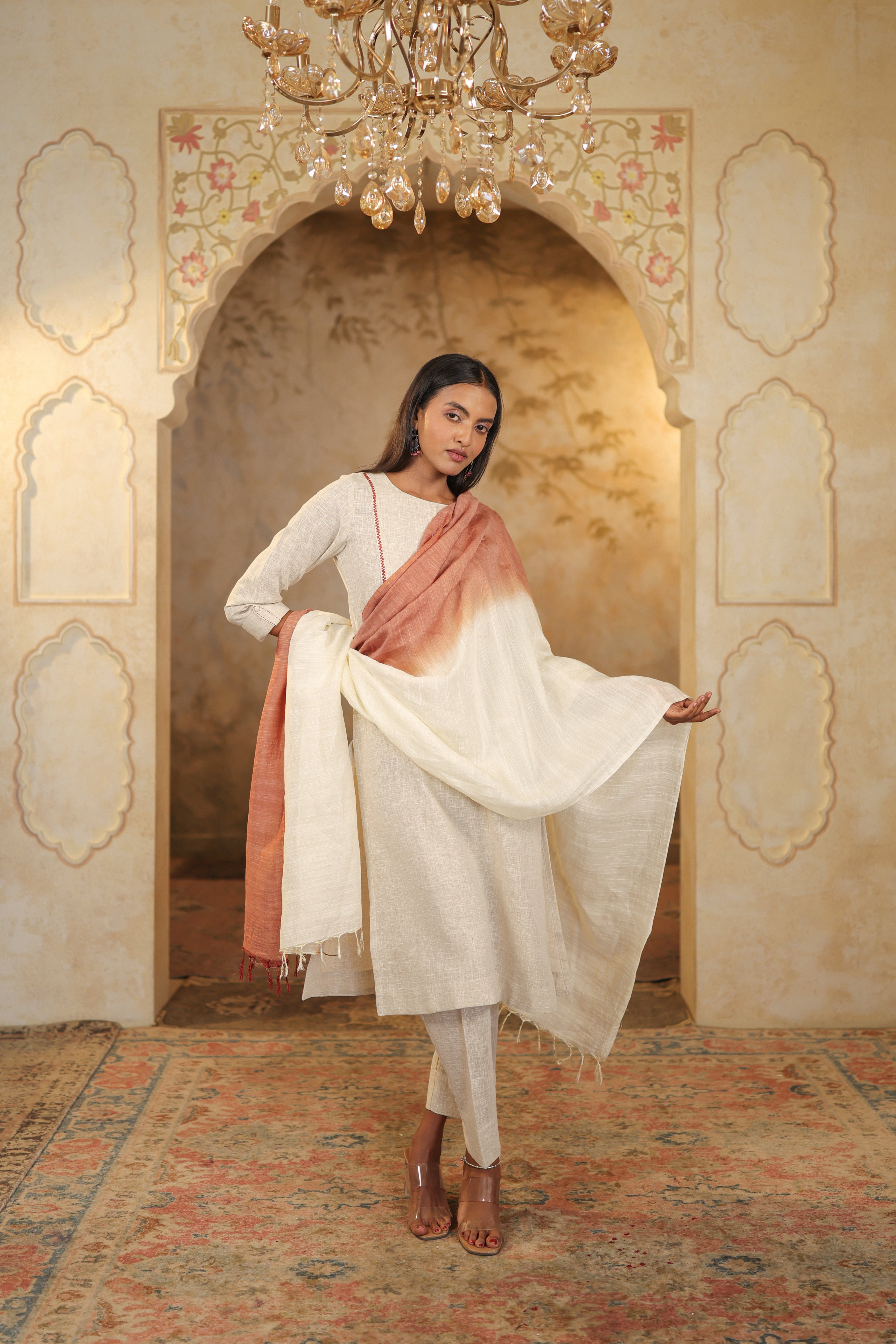 Nura Linen Kurta with Gul Haar Detailing - Tuscan Beige or Navy or Ecru