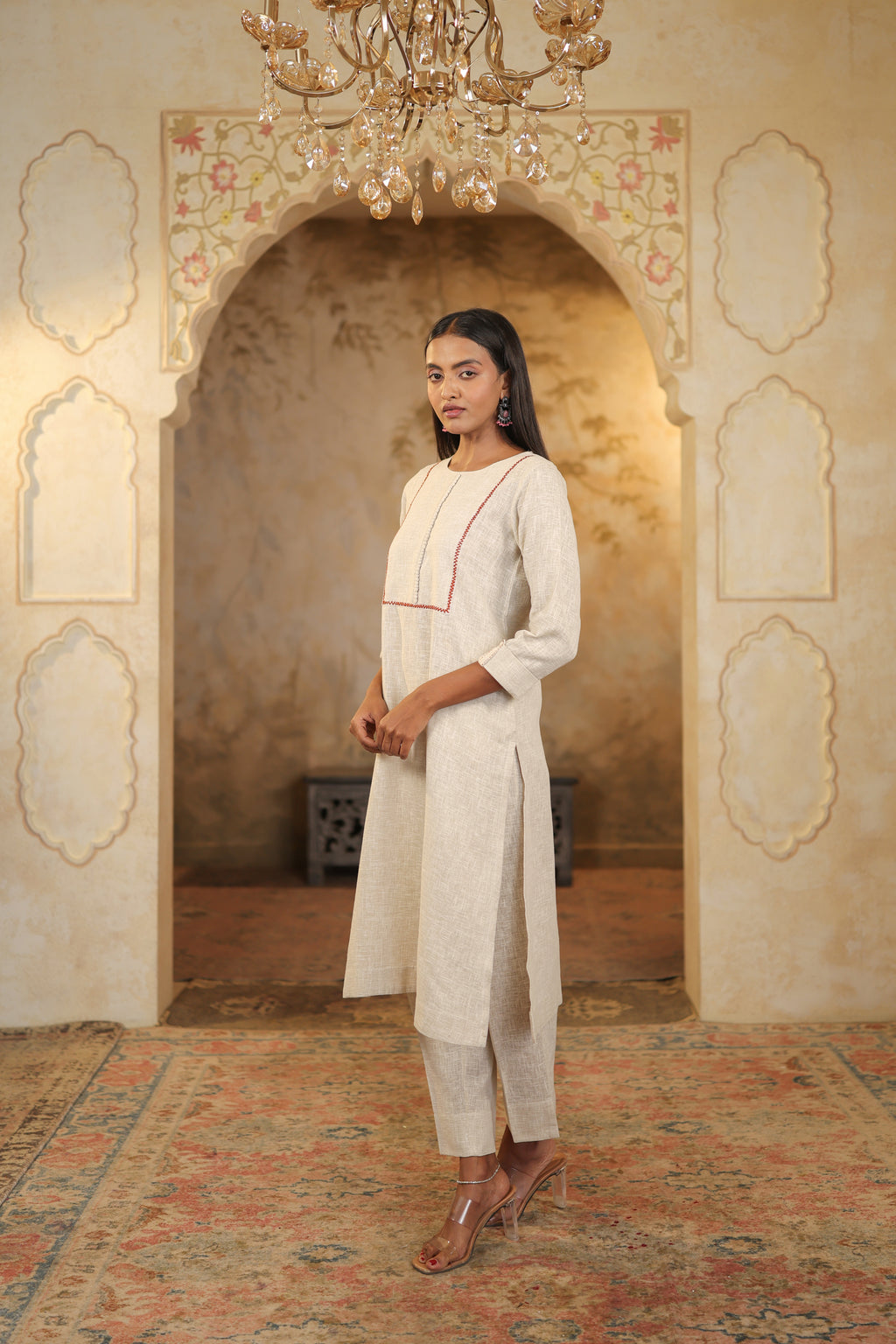 Nura Linen Kurta with Gul Haar Detailing - Tuscan Beige or Navy or Ecru