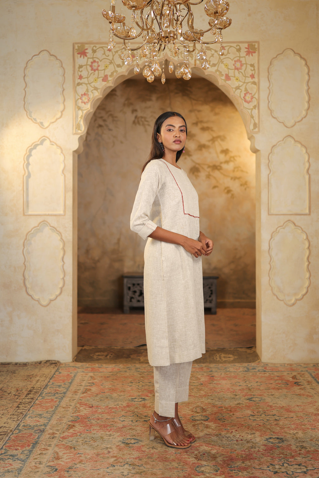 Nura Linen Kurta with Gul Haar Detailing - Tuscan Beige or Navy or Ecru