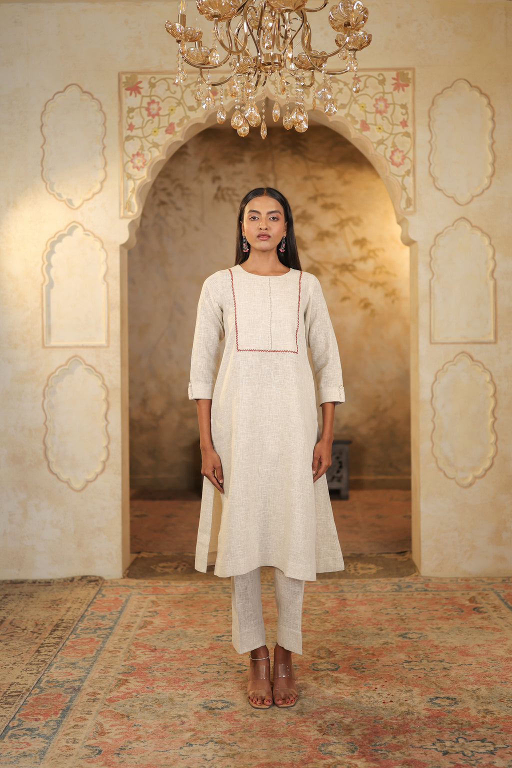 Nura Linen Kurta with Gul Haar Detailing - Tuscan Beige or Navy or Ecru