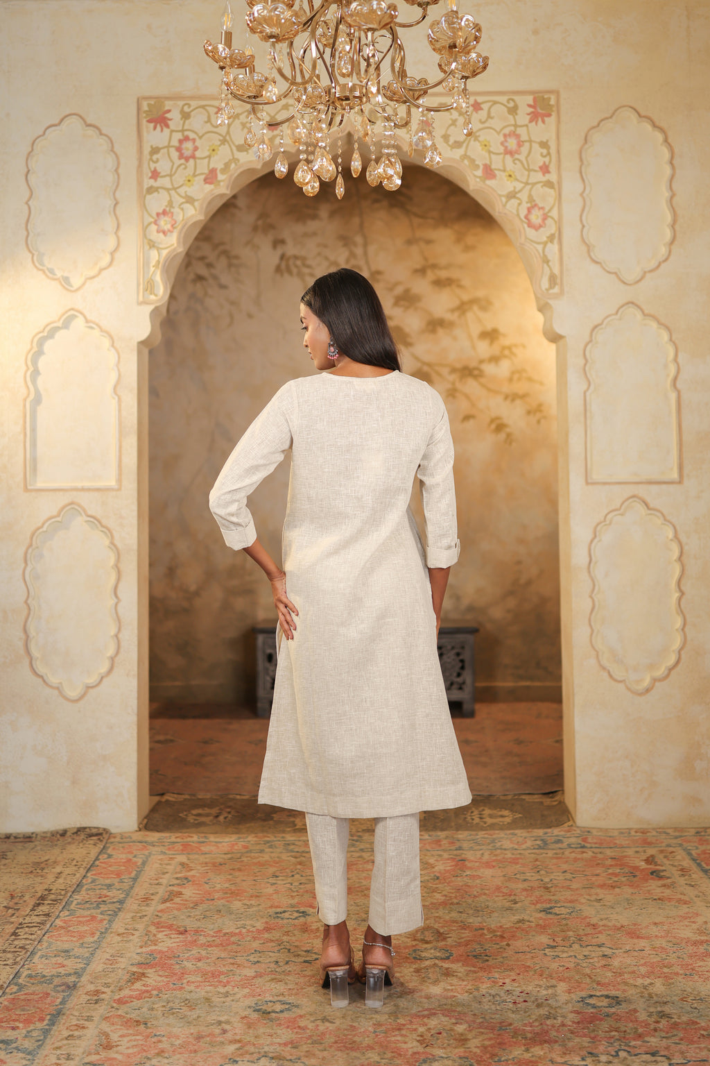 Nura Linen Kurta with Gul Haar Detailing - Tuscan Beige or Navy or Ecru