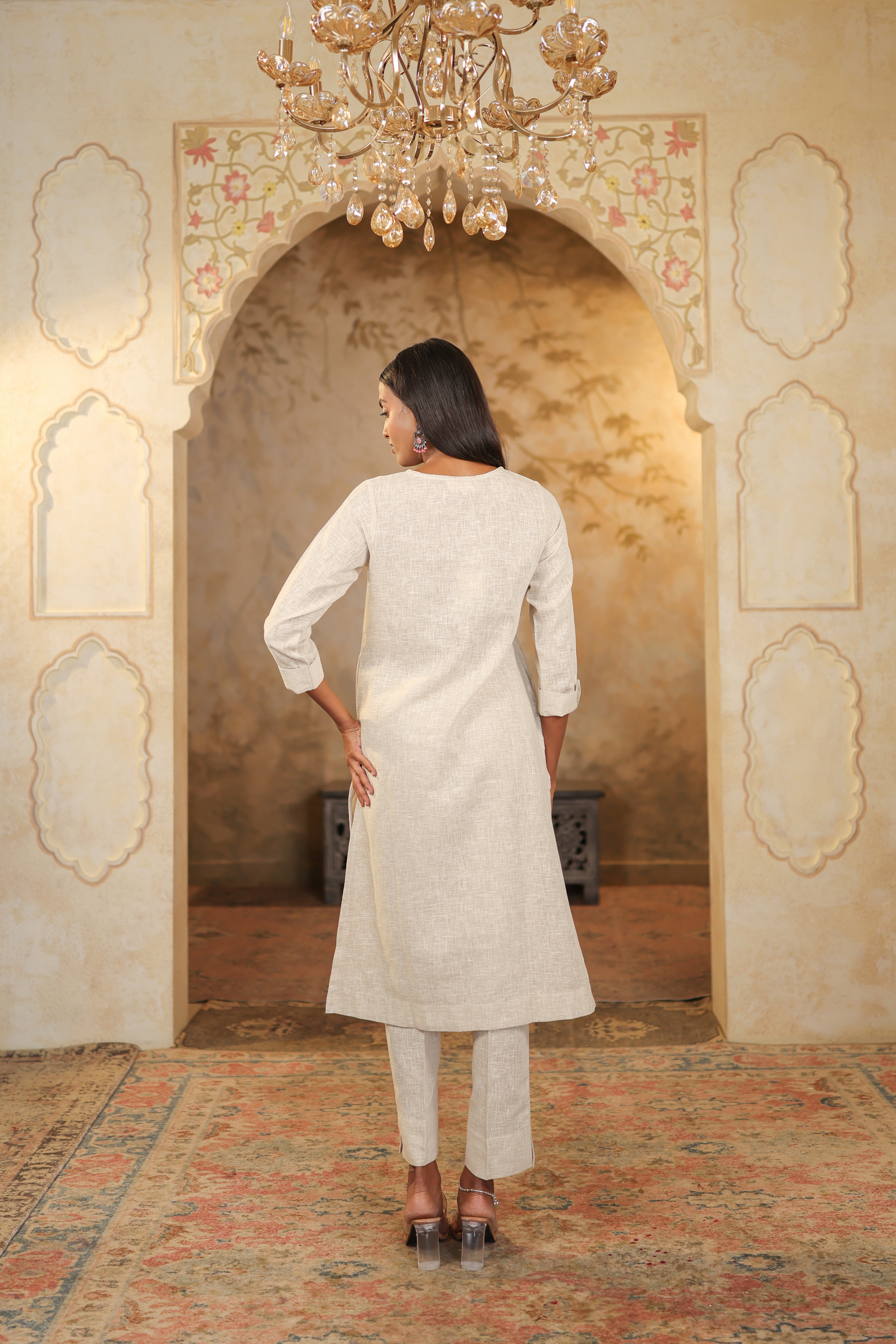 Nura Linen Kurta with Gul Haar Detailing - Tuscan Beige or Navy or Ecru