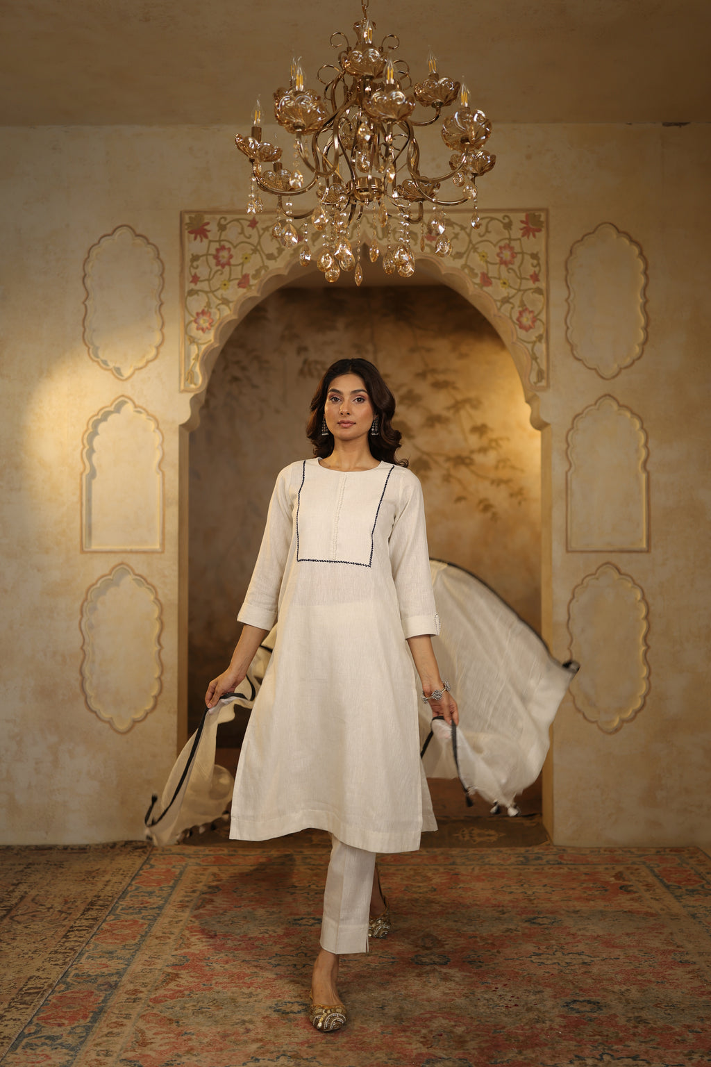 Nura Linen Kurta with Gul Haar Detailing - Tuscan Beige or Navy or Ecru
