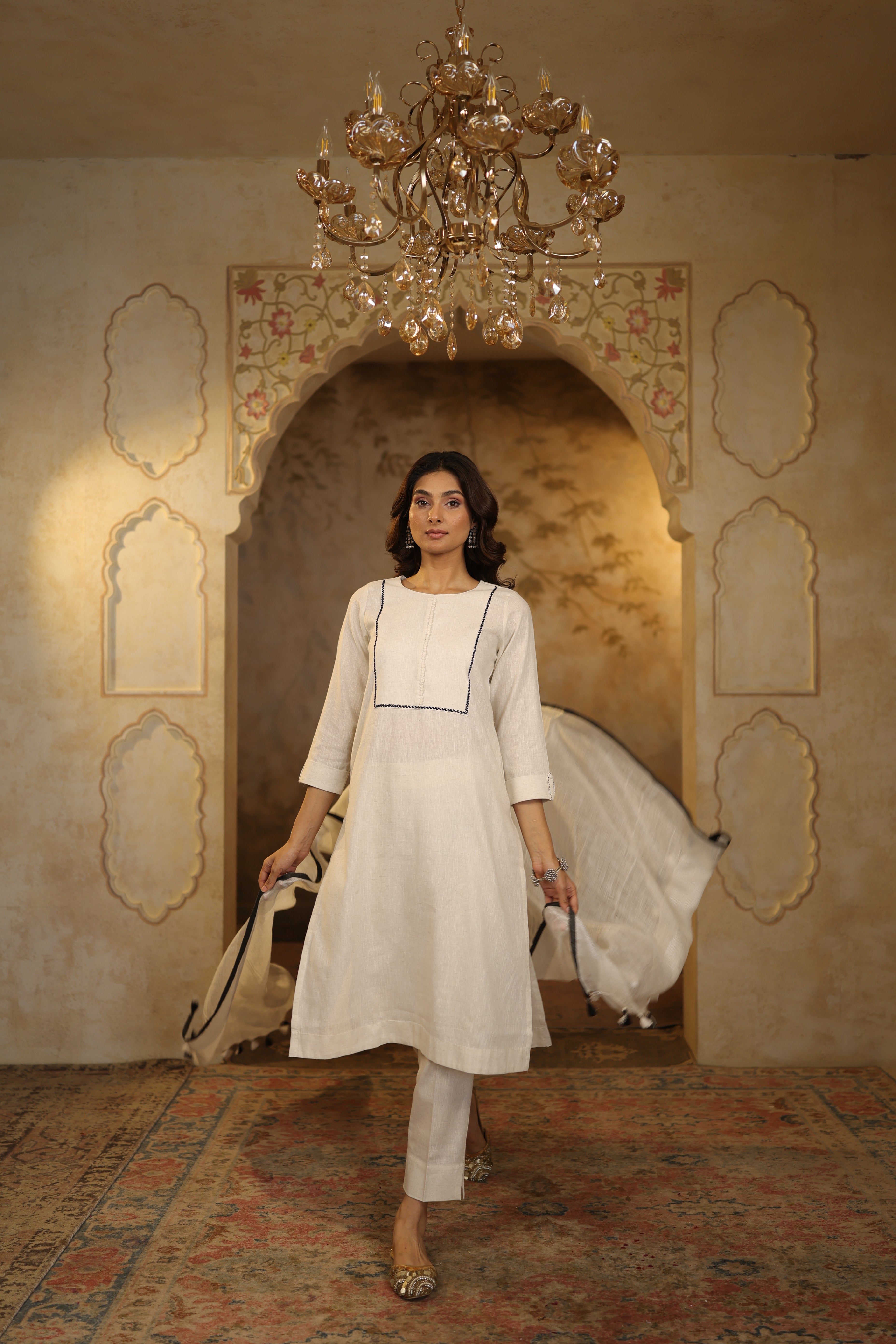Nura Linen Kurta with Gul Haar Detailing - Tuscan Beige or Navy or Ecru