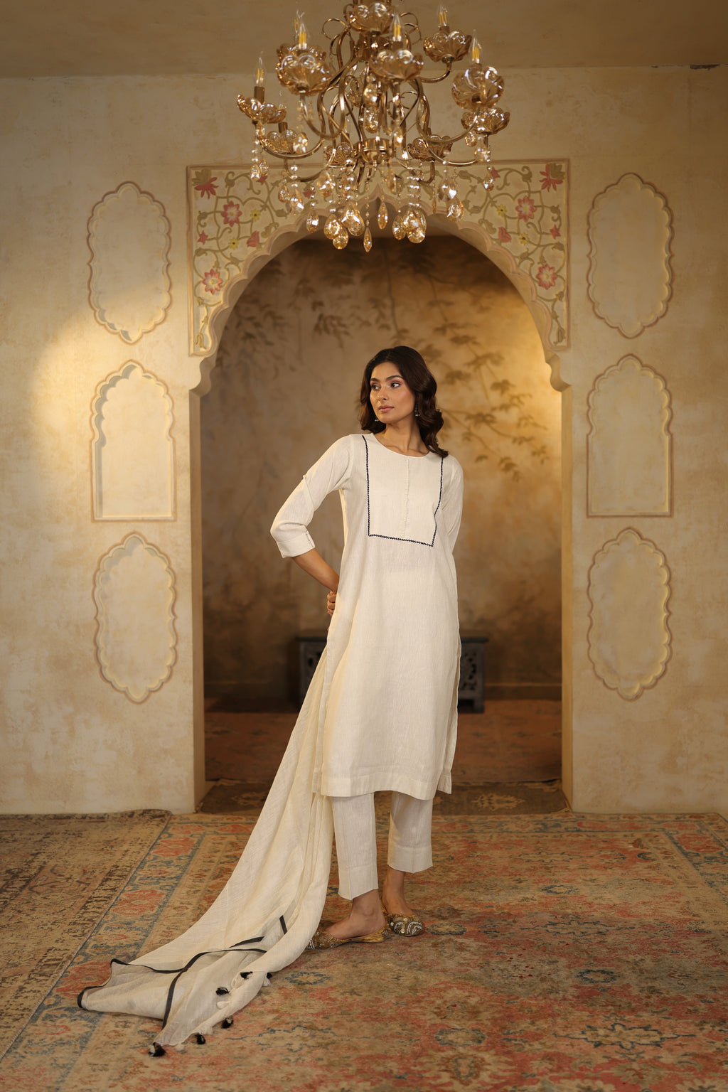 Nura Linen Kurta with Gul Haar Detailing - Tuscan Beige or Navy or Ecru