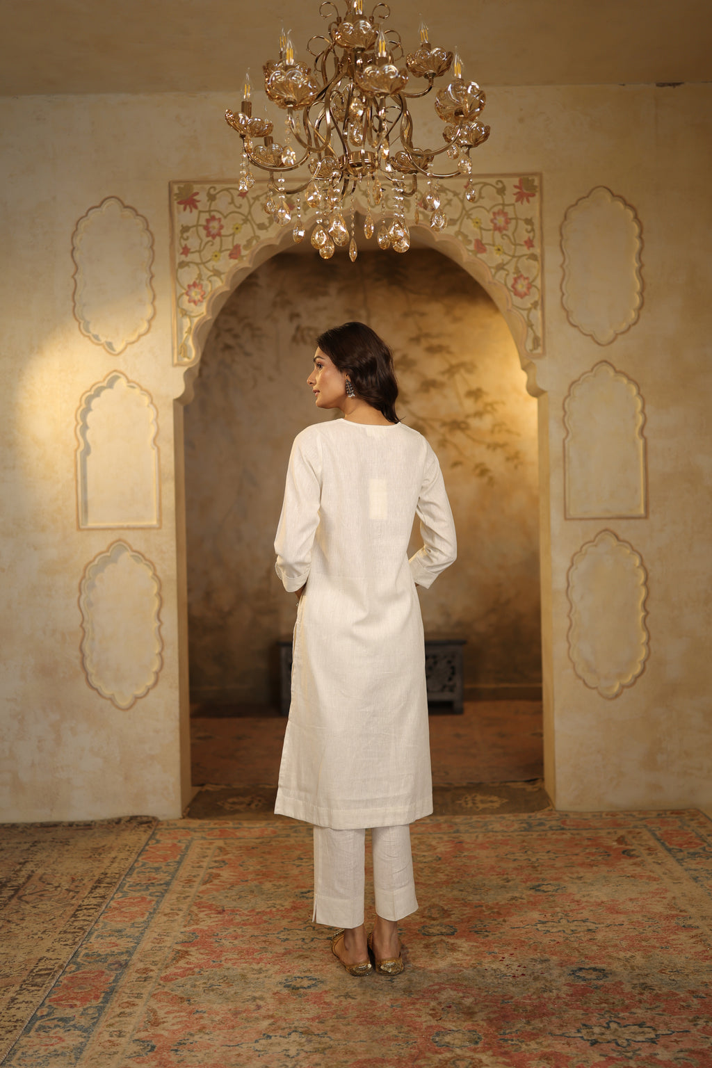 Nura Linen Kurta with Gul Haar Detailing - Tuscan Beige or Navy or Ecru