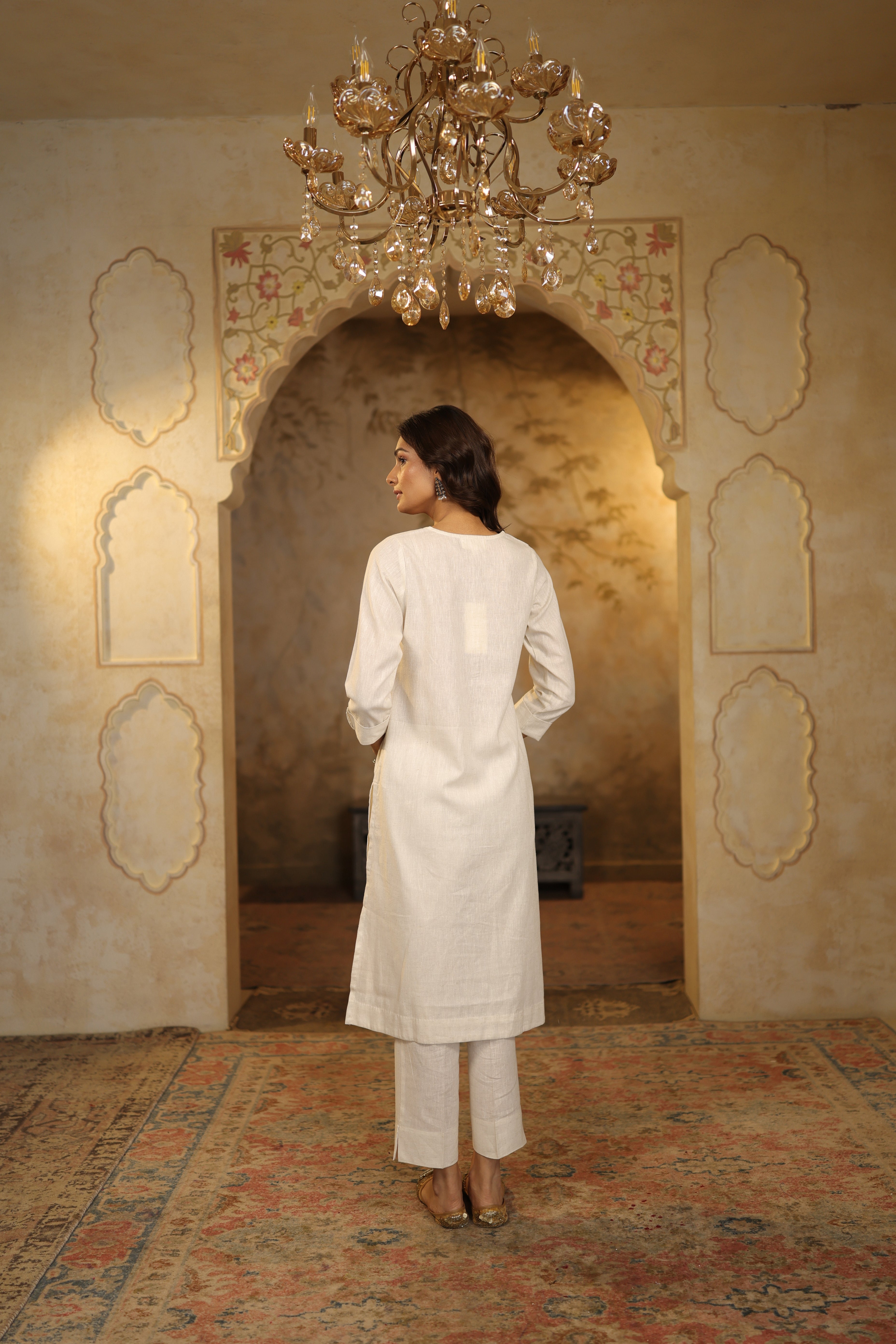 Nura Linen Kurta with Gul Haar Detailing - Tuscan Beige or Navy or Ecru