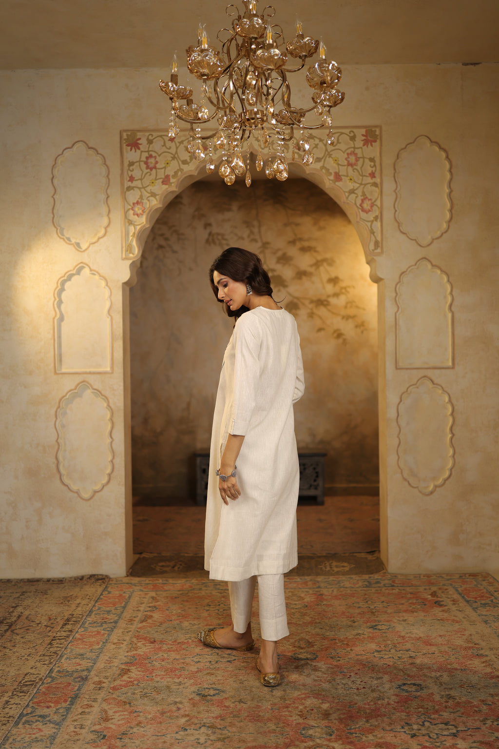 Nura Linen Kurta with Gul Haar Detailing - Tuscan Beige or Navy or Ecru