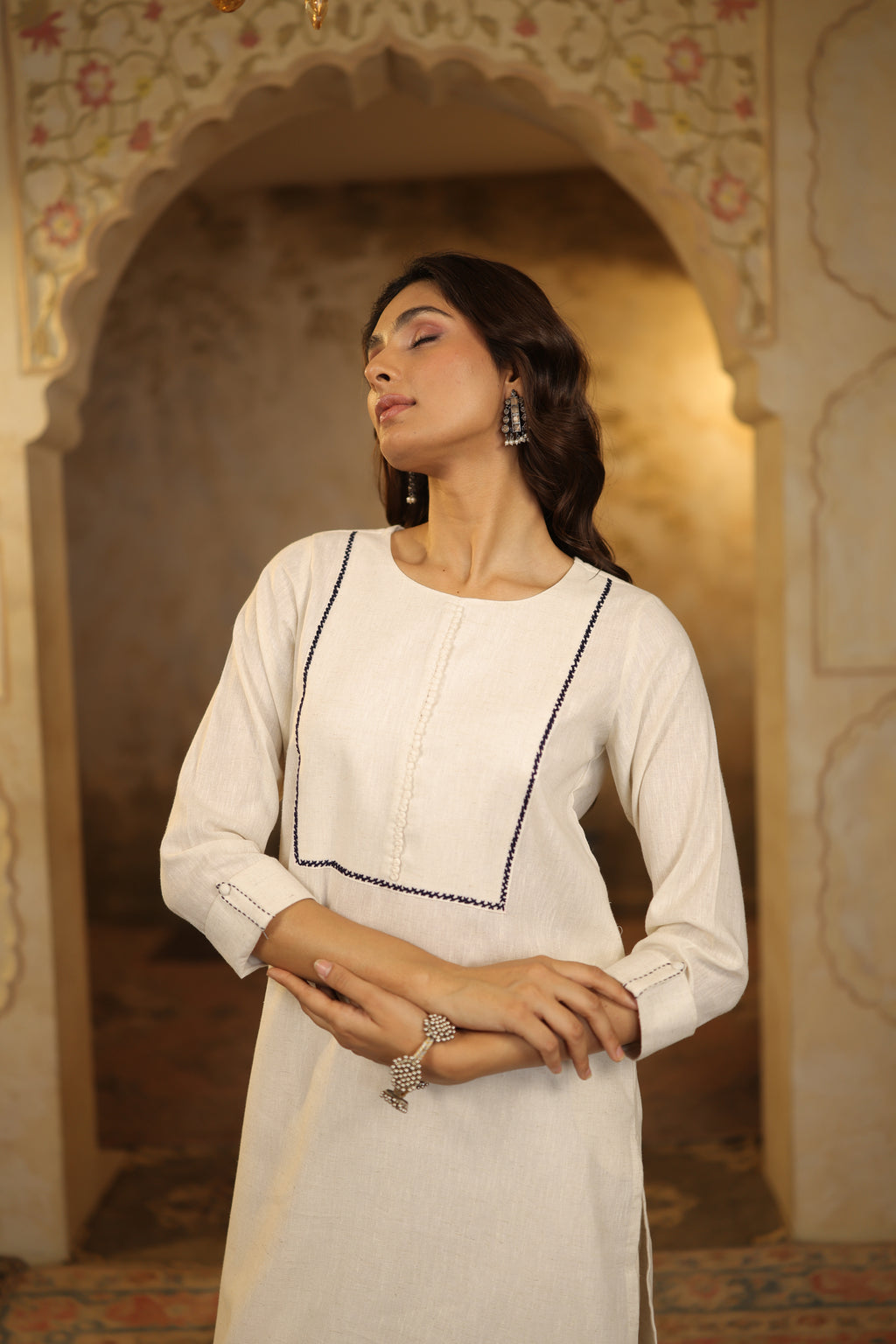 Nura Linen Kurta with Gul Haar Detailing - Tuscan Beige or Navy or Ecru