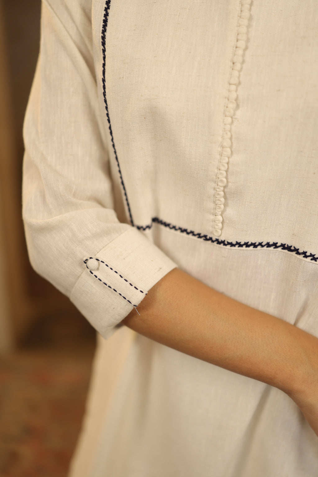 Nura Linen Kurta with Gul Haar Detailing - Tuscan Beige or Navy or Ecru