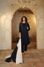 Nura Linen Kurta with Gul Haar Detailing - Tuscan Beige or Navy or Ecru