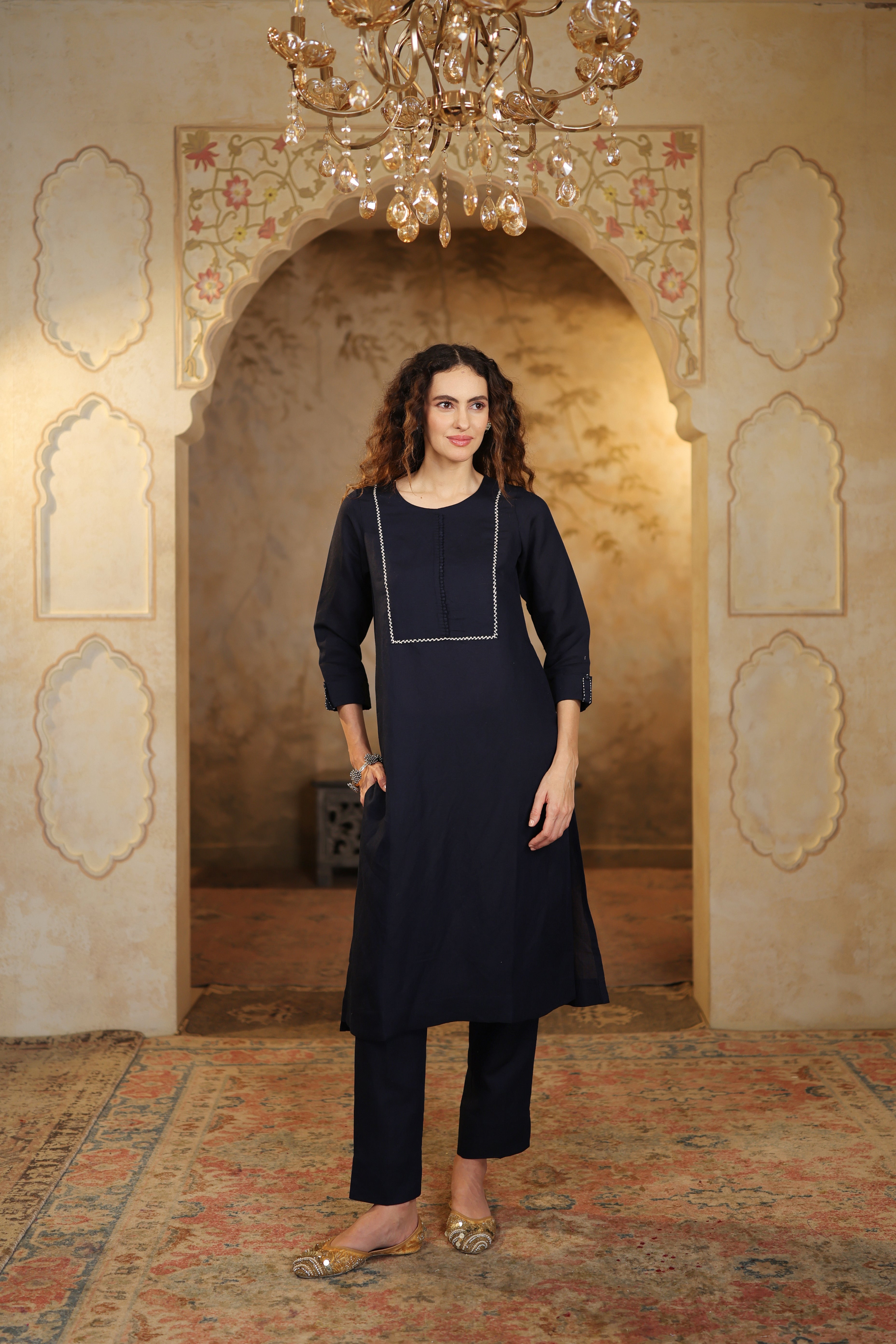 Nura Linen Kurta with Gul Haar Detailing - Tuscan Beige or Navy or Ecru