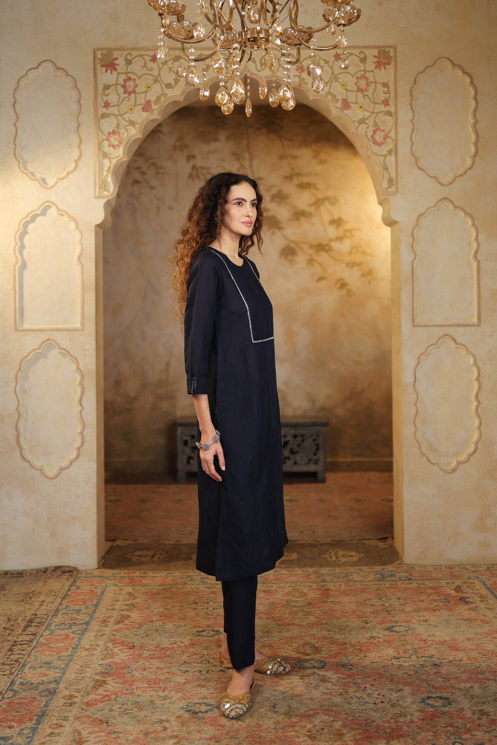 Nura Linen Kurta with Gul Haar Detailing - Tuscan Beige or Navy or Ecru
