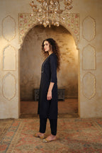 Nura Linen Kurta with Gul Haar Detailing - Tuscan Beige or Navy or Ecru