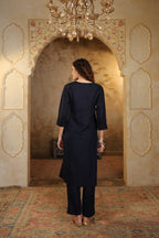 Nura Linen Kurta with Gul Haar Detailing - Tuscan Beige or Navy or Ecru