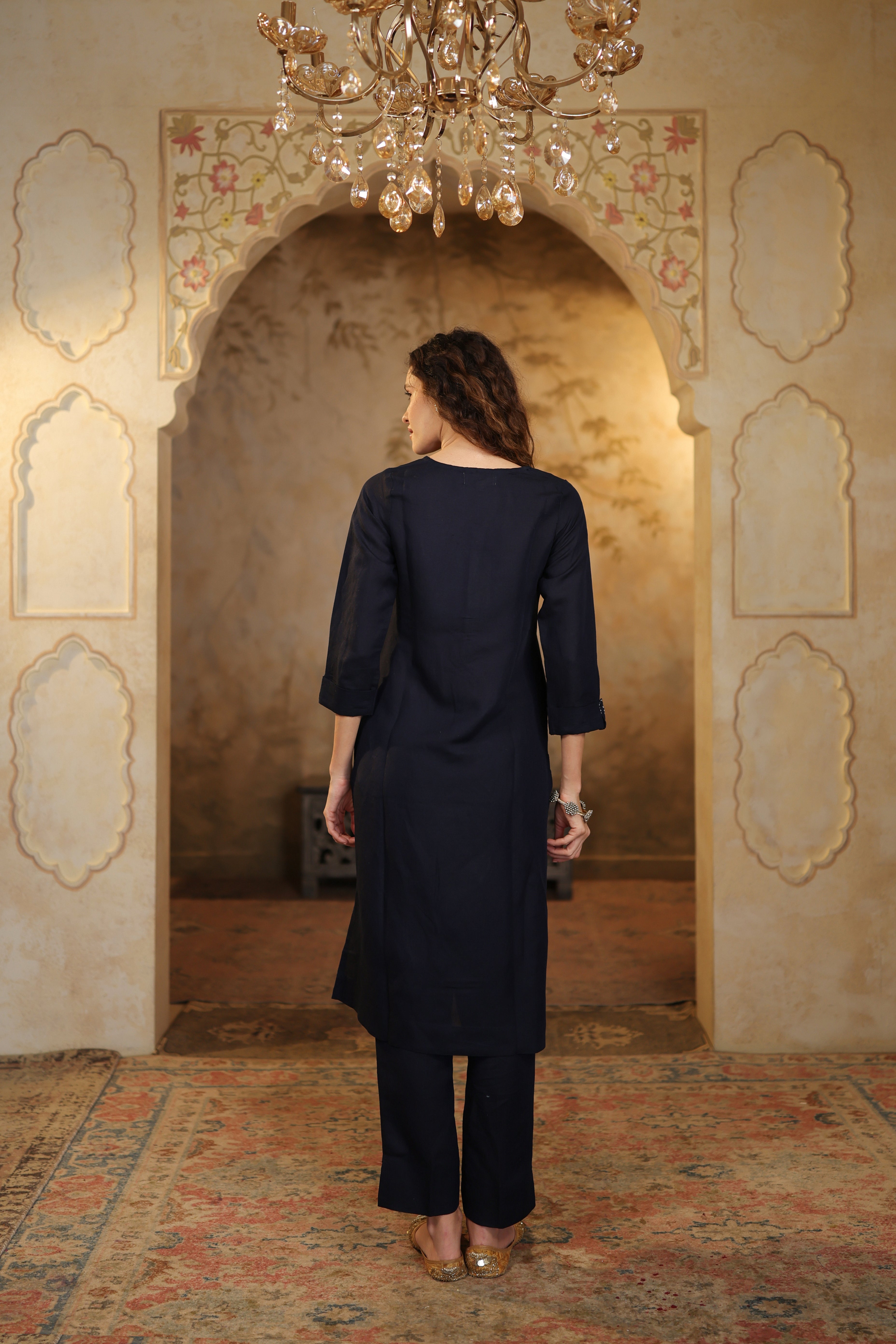 Nura Linen Kurta with Gul Haar Detailing - Tuscan Beige or Navy or Ecru