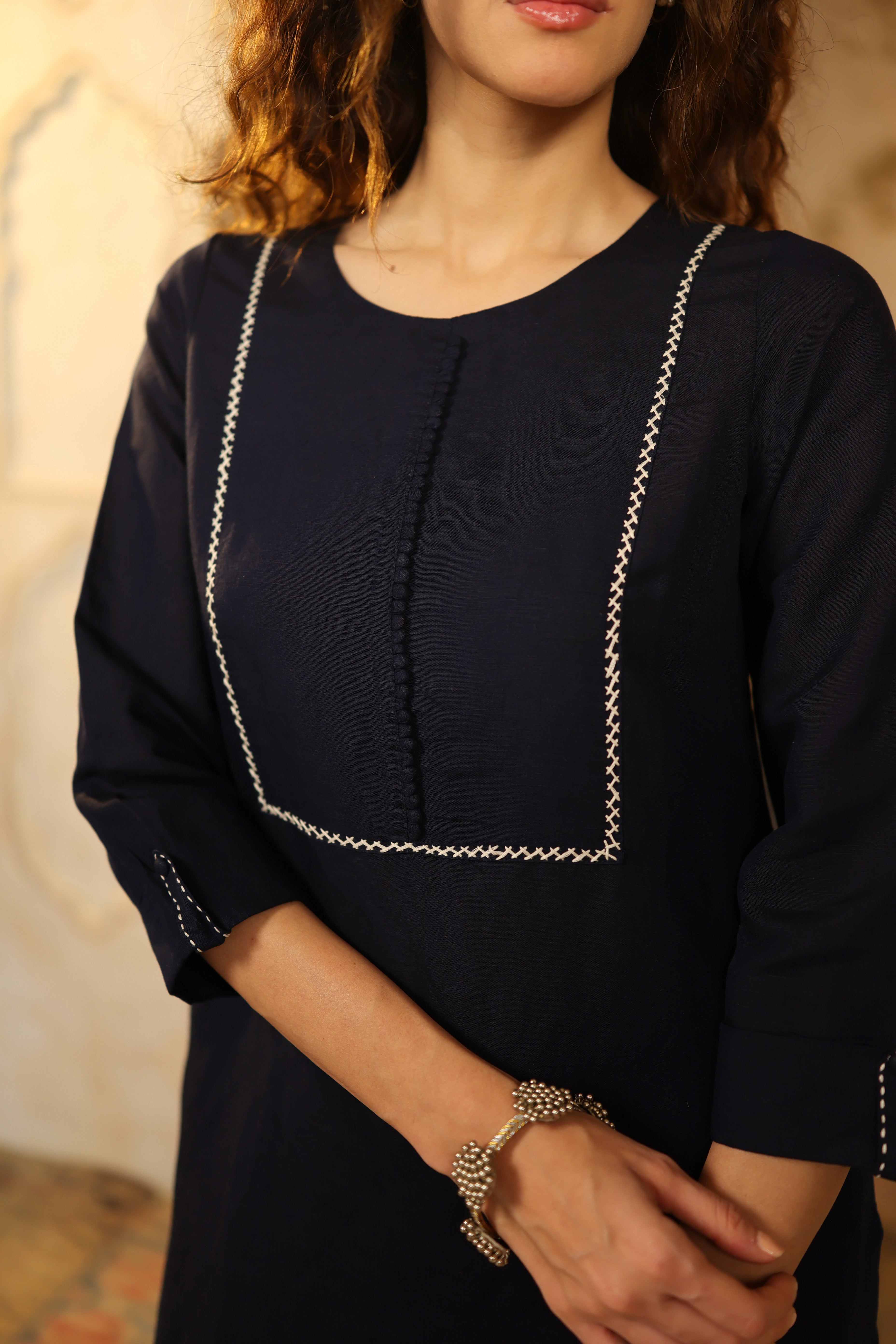 Nura Linen Kurta with Gul Haar Detailing - Tuscan Beige or Navy or Ecru