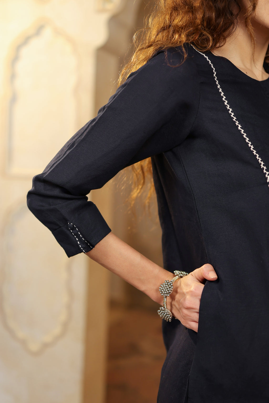 Nura Linen Kurta with Gul Haar Detailing - Tuscan Beige or Navy or Ecru