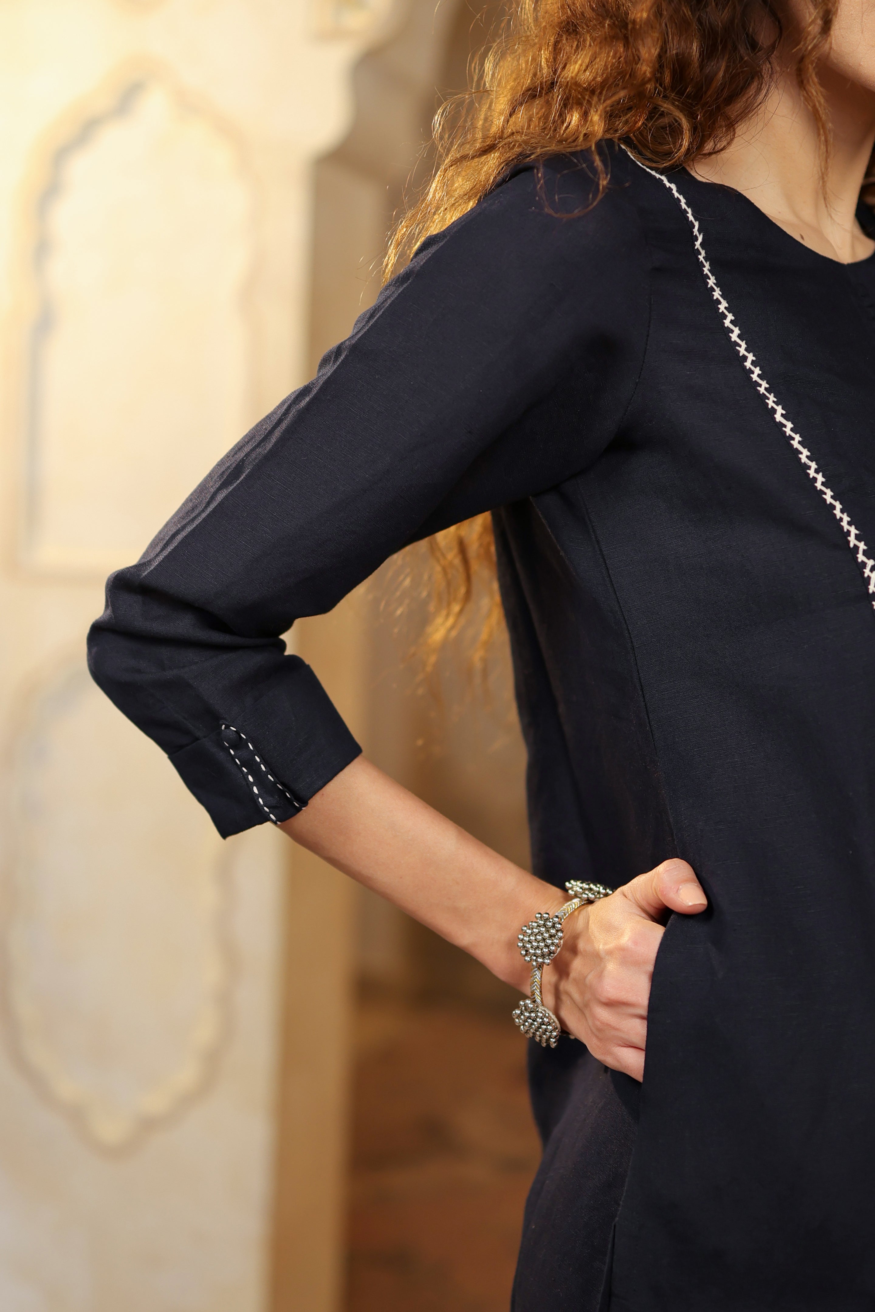 Nura Linen Kurta with Gul Haar Detailing - Tuscan Beige or Navy or Ecru