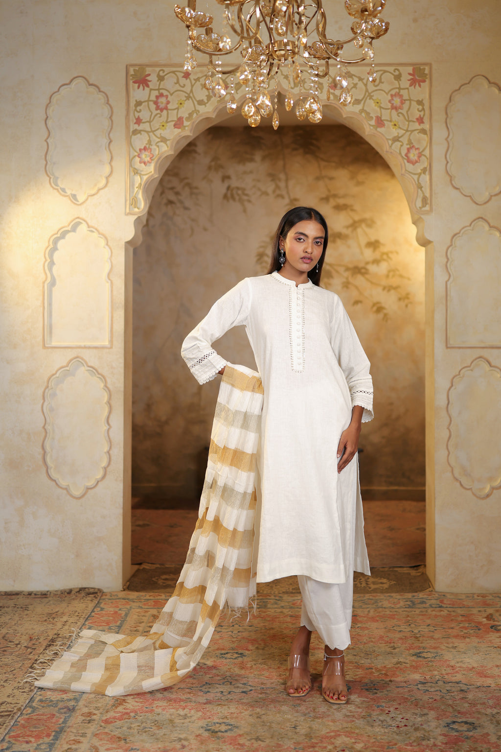 Nura Linen Kurta with Gul Jaal Detailing - White or Mint Green