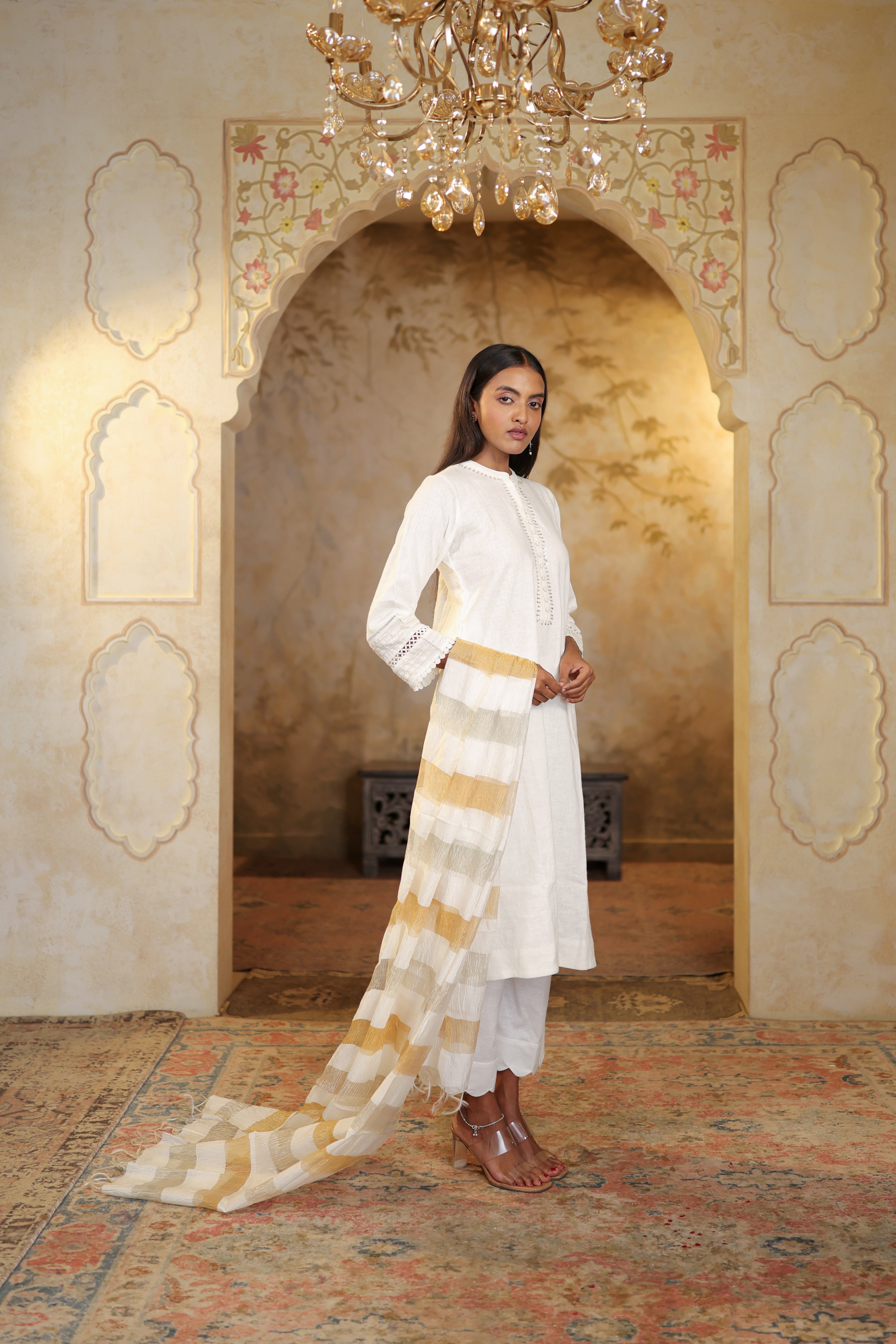 Nura Linen Kurta with Gul Jaal Detailing - White or Mint Green