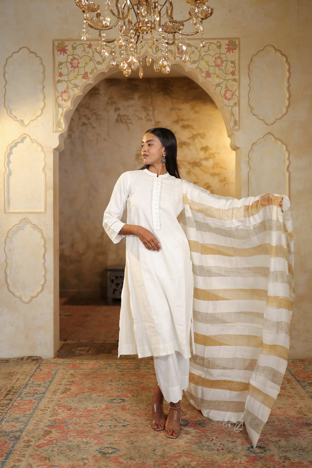 Nura Linen Kurta with Gul Jaal Detailing - White or Mint Green