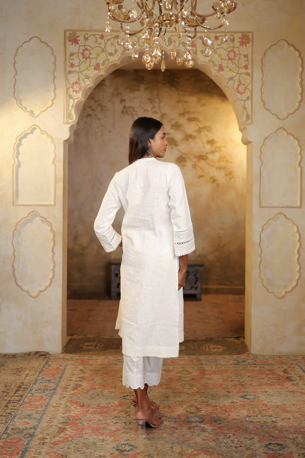 Nura Linen Kurta with Gul Jaal Detailing - White or Mint Green