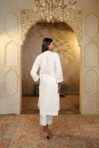 Nura Linen Kurta with Gul Jaal Detailing - White or Mint Green