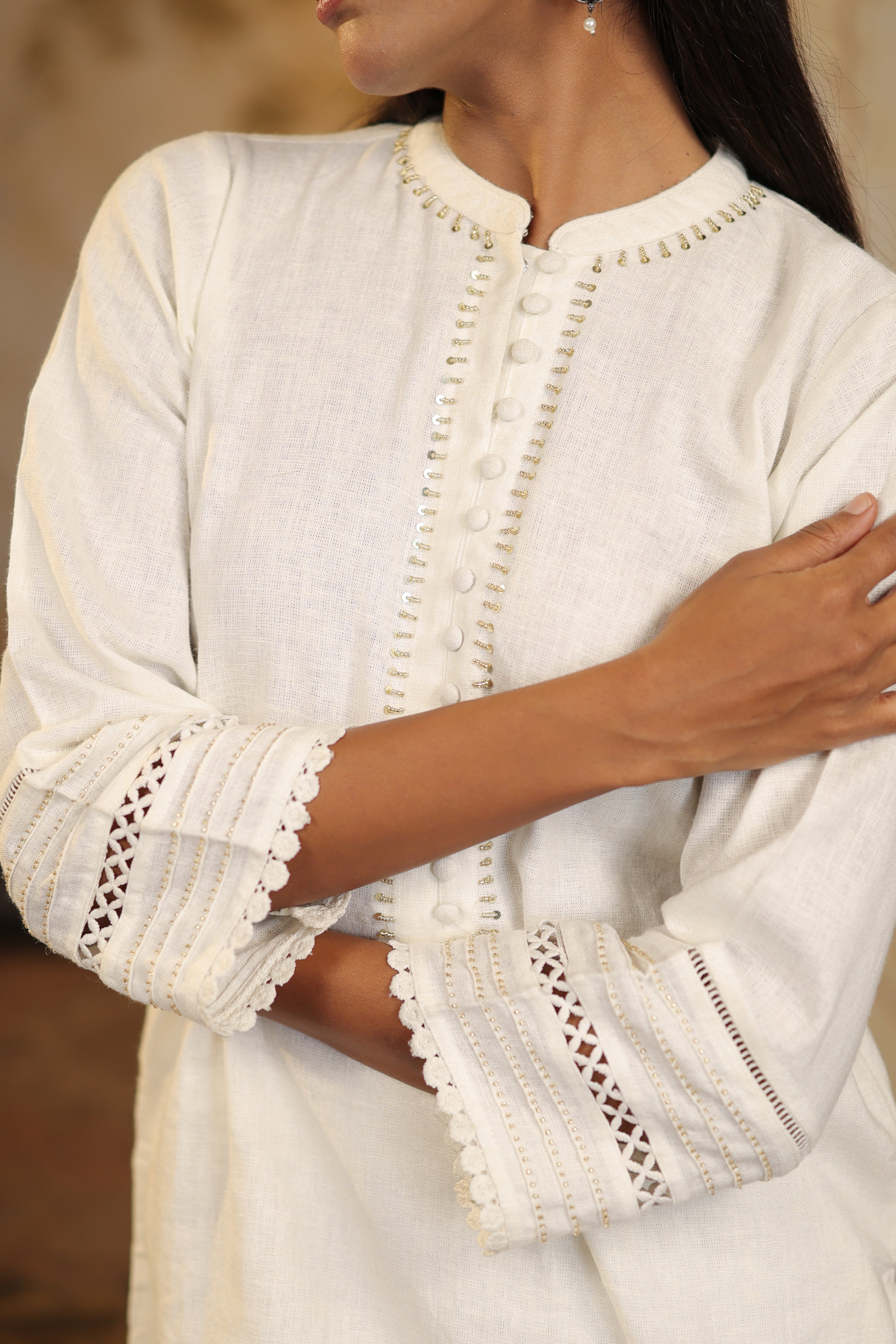 Nura Linen Kurta with Gul Jaal Detailing - White or Mint Green