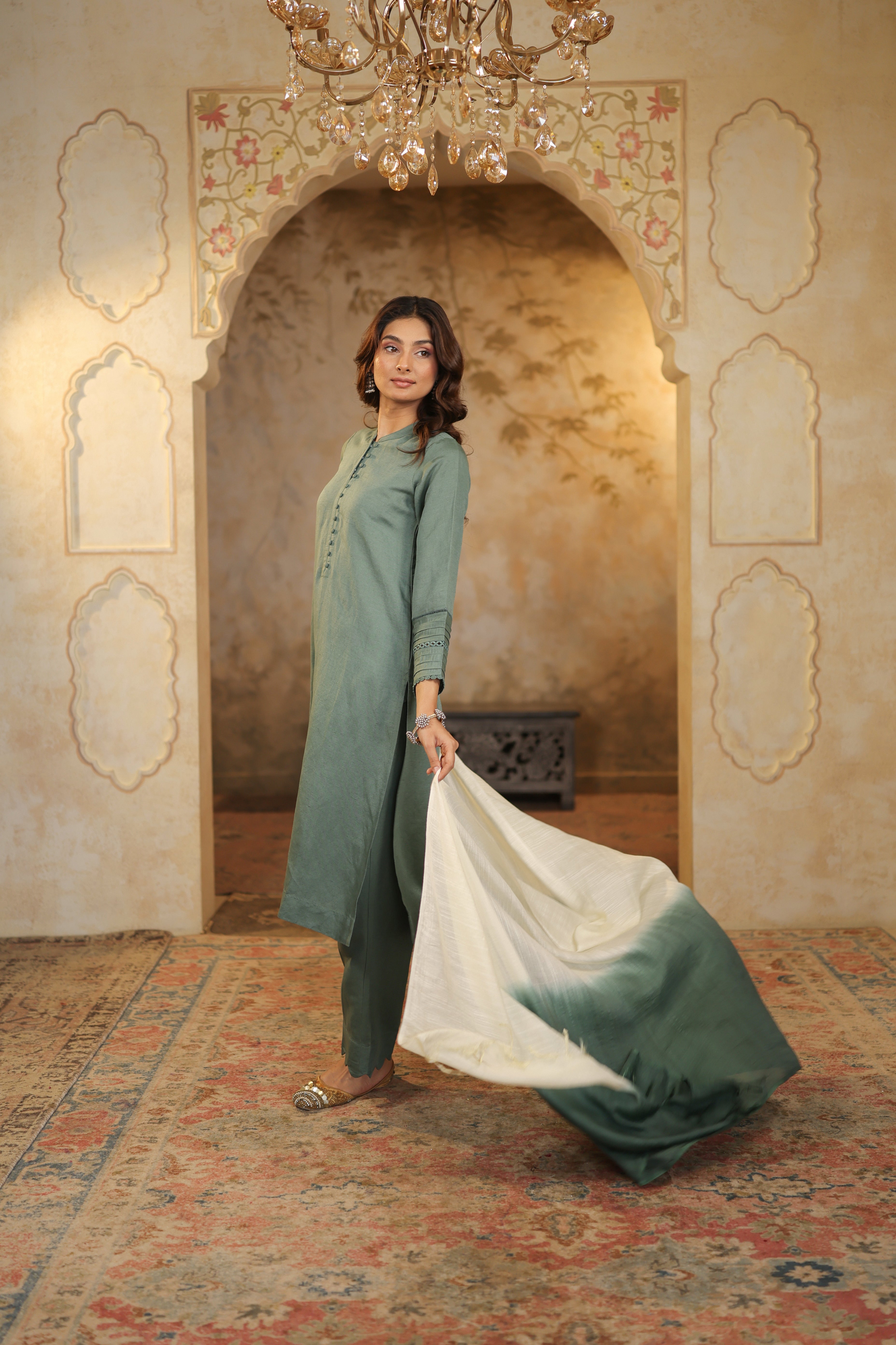 Nura Linen Kurta with Gul Jaal Detailing - White or Mint Green