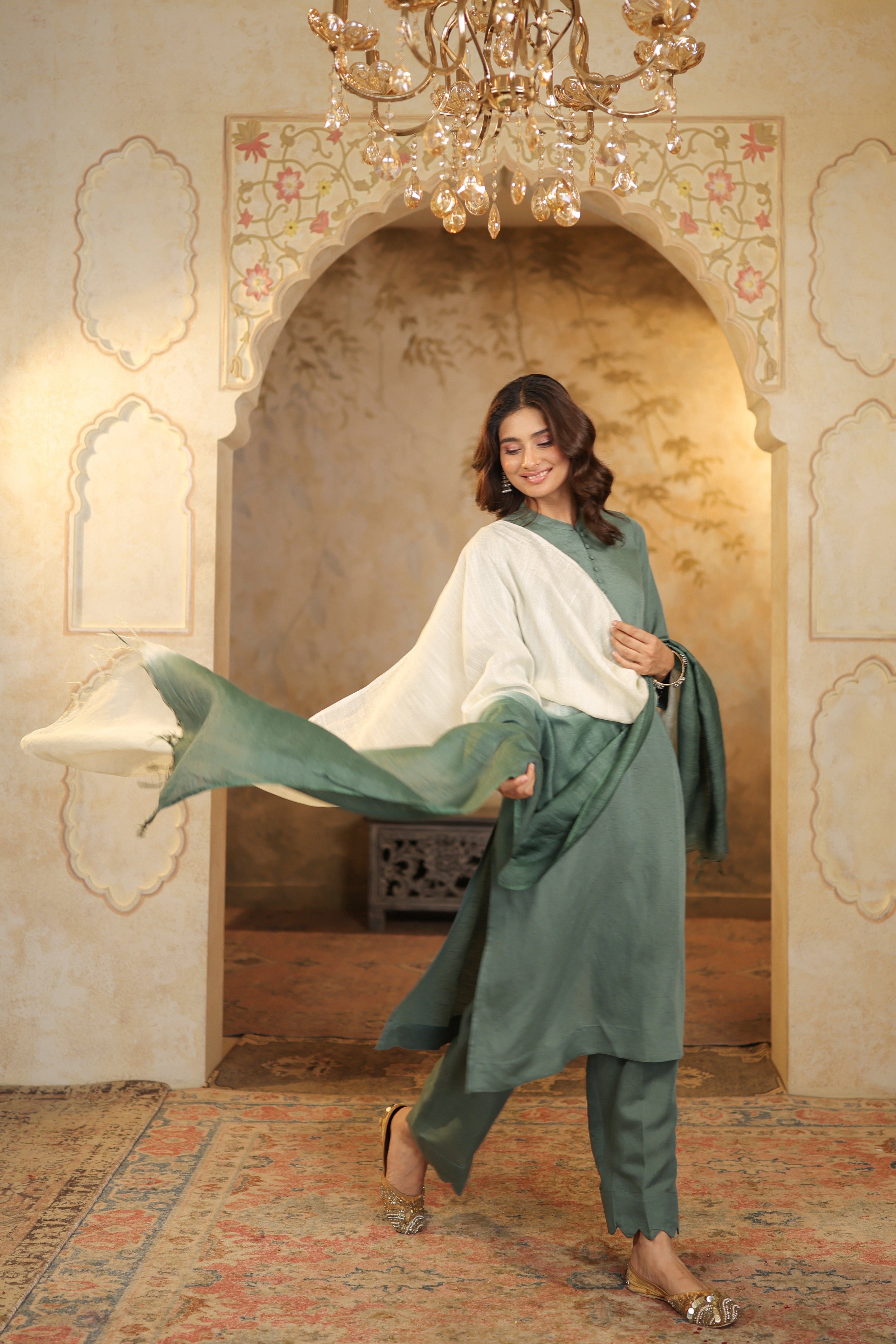 Nura Linen Kurta with Gul Jaal Detailing - White or Mint Green