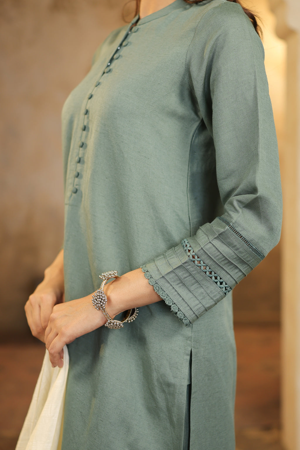 Nura Linen Kurta with Gul Jaal Detailing - White or Mint Green