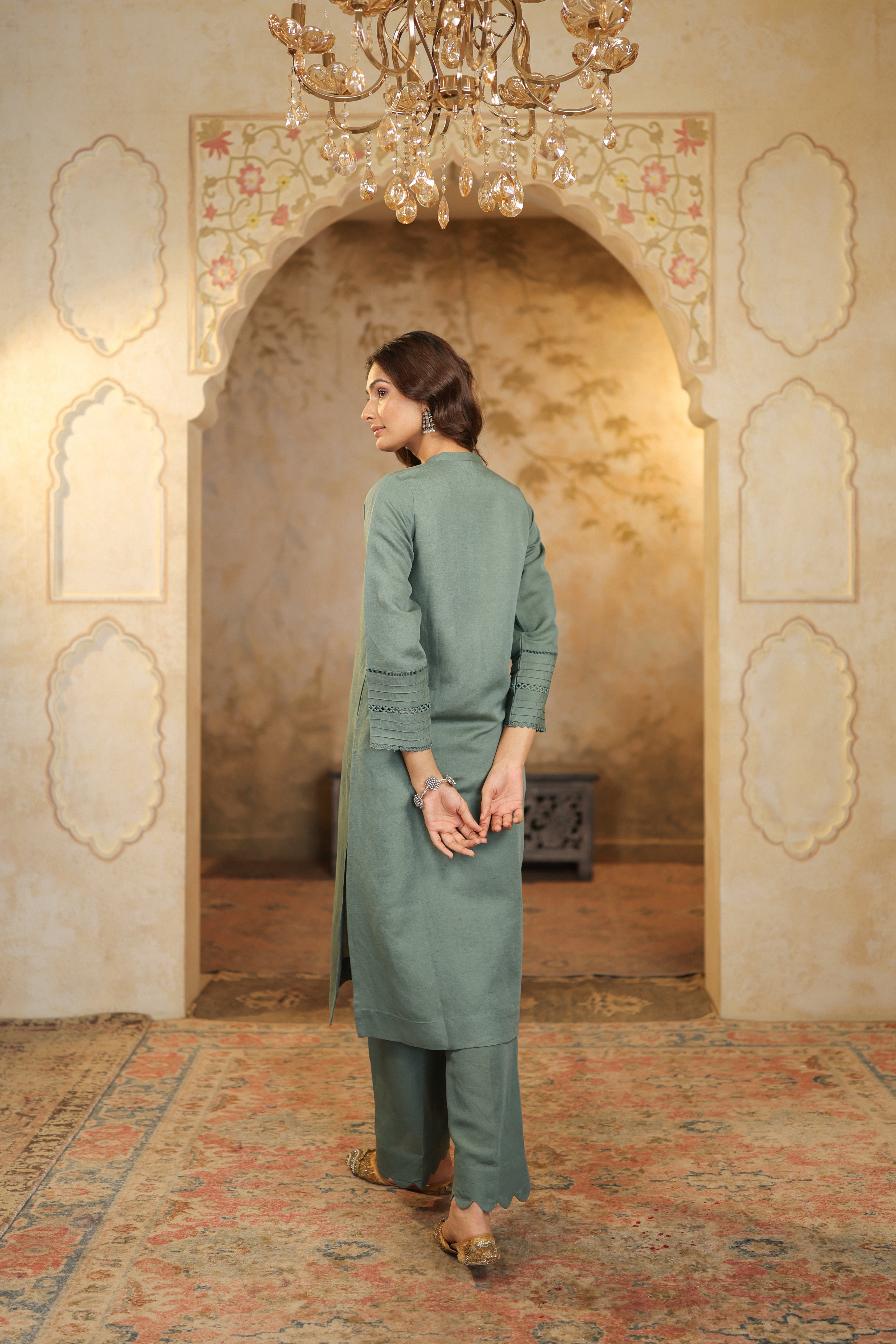 Nura Linen Kurta with Gul Jaal Detailing - White or Mint Green