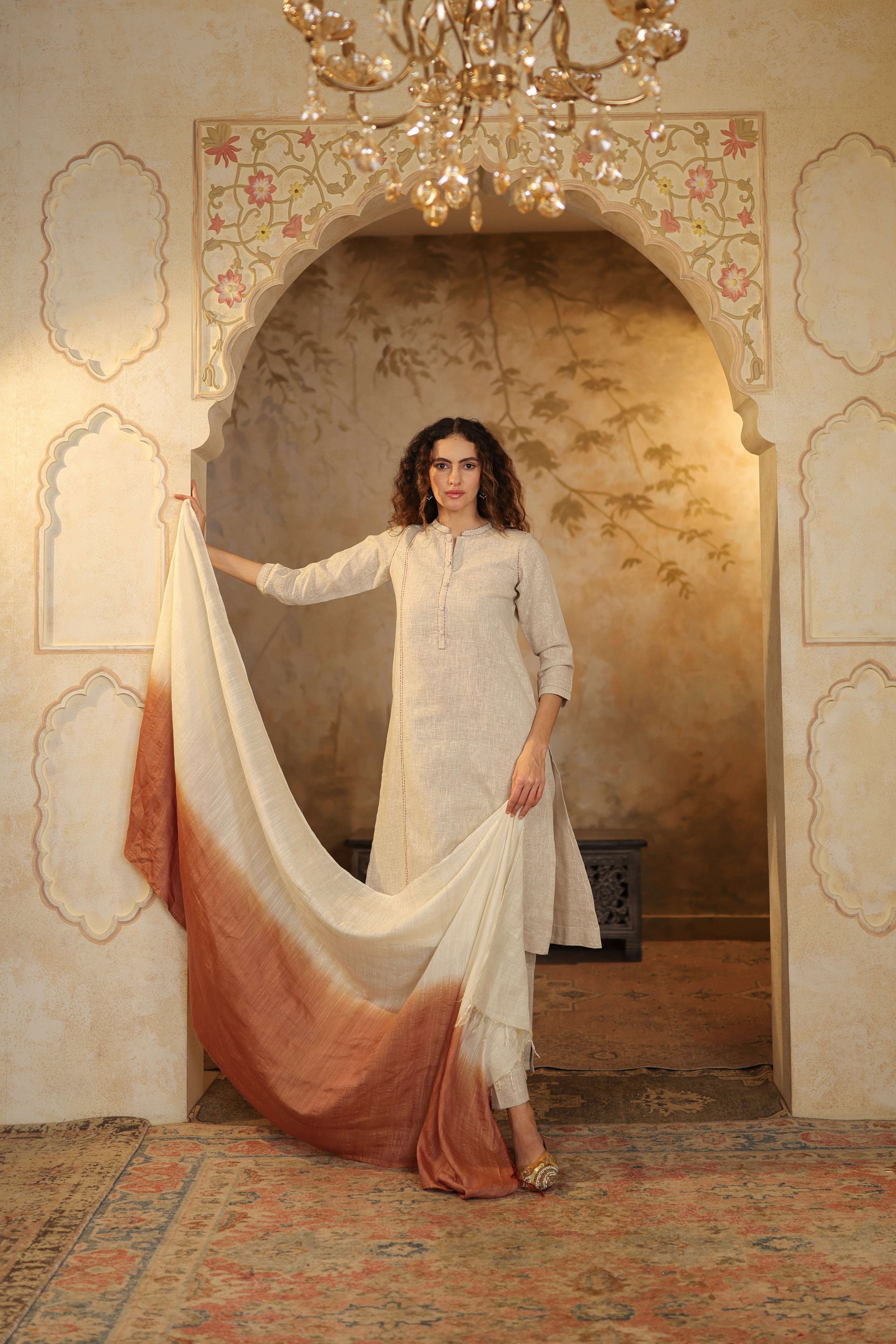 Nura Linen Kurta with Gul Rekh Detailing - Navy or Tuscan Beige