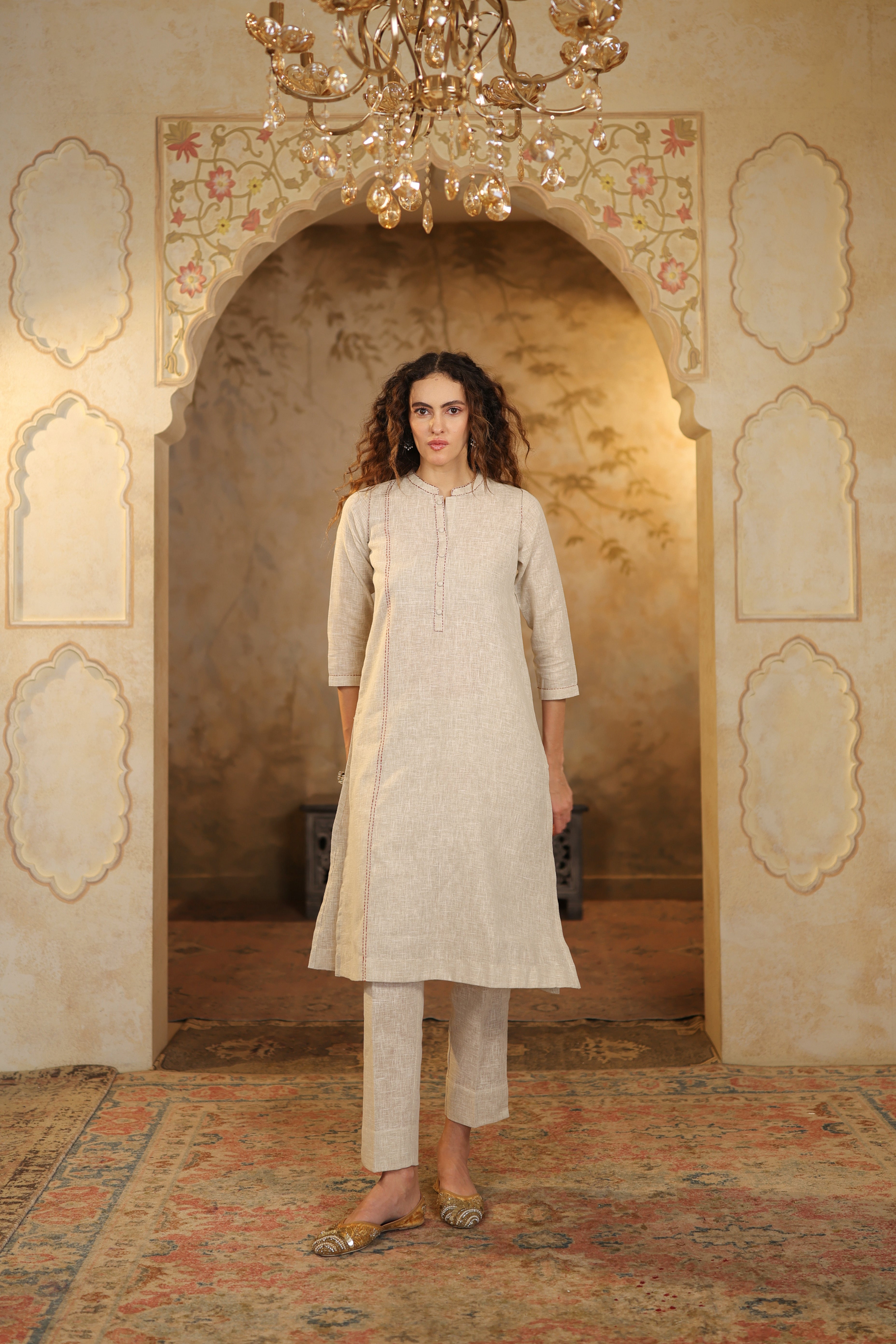 Nura Linen Kurta with Gul Rekh Detailing - Navy or Tuscan Beige