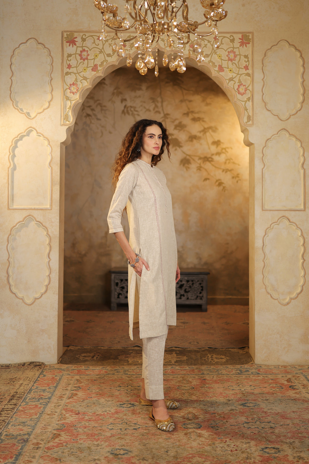 Nura Linen Kurta with Gul Rekh Detailing - Navy or Tuscan Beige