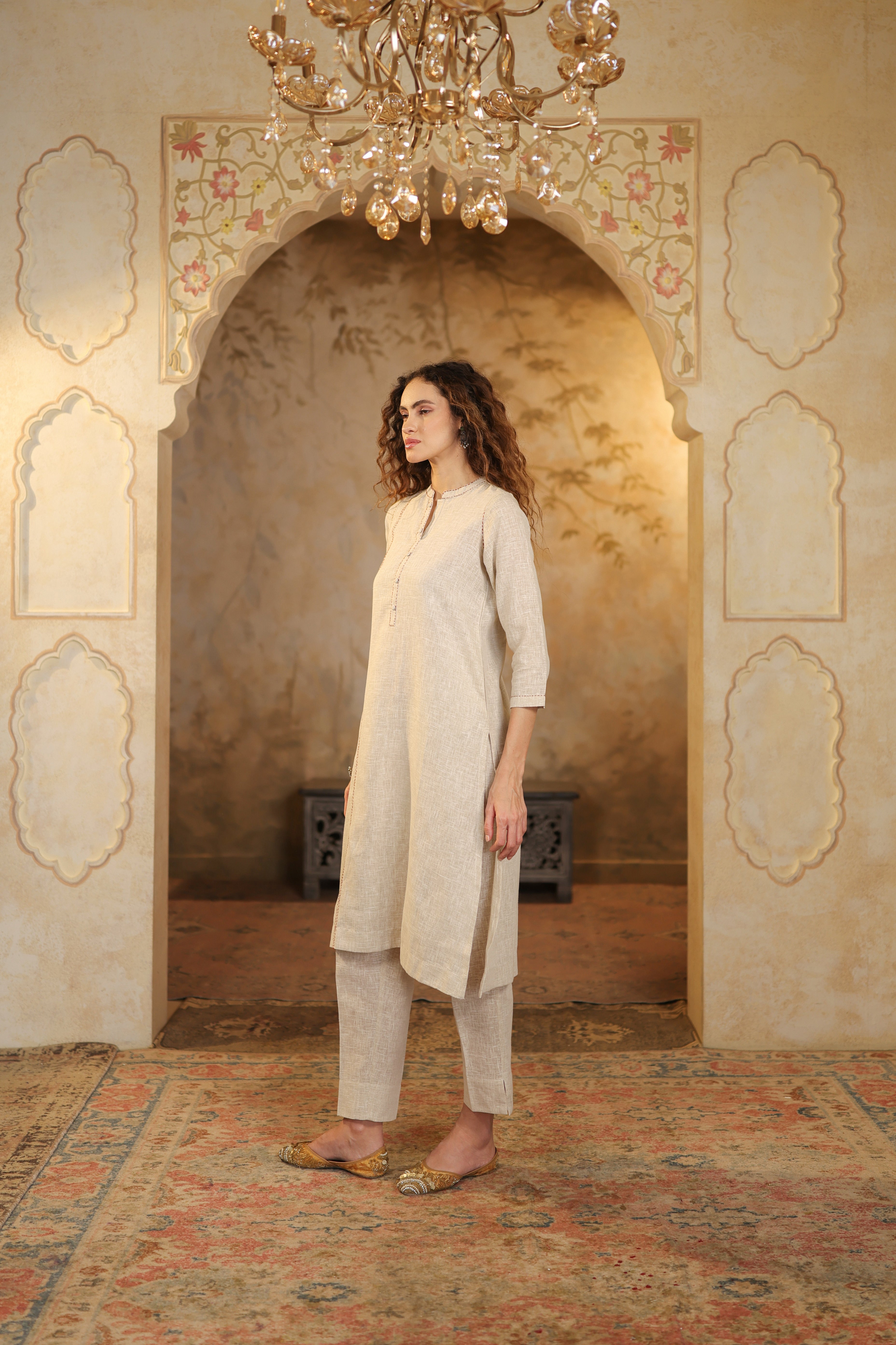 Nura Linen Kurta with Gul Rekh Detailing - Navy or Tuscan Beige