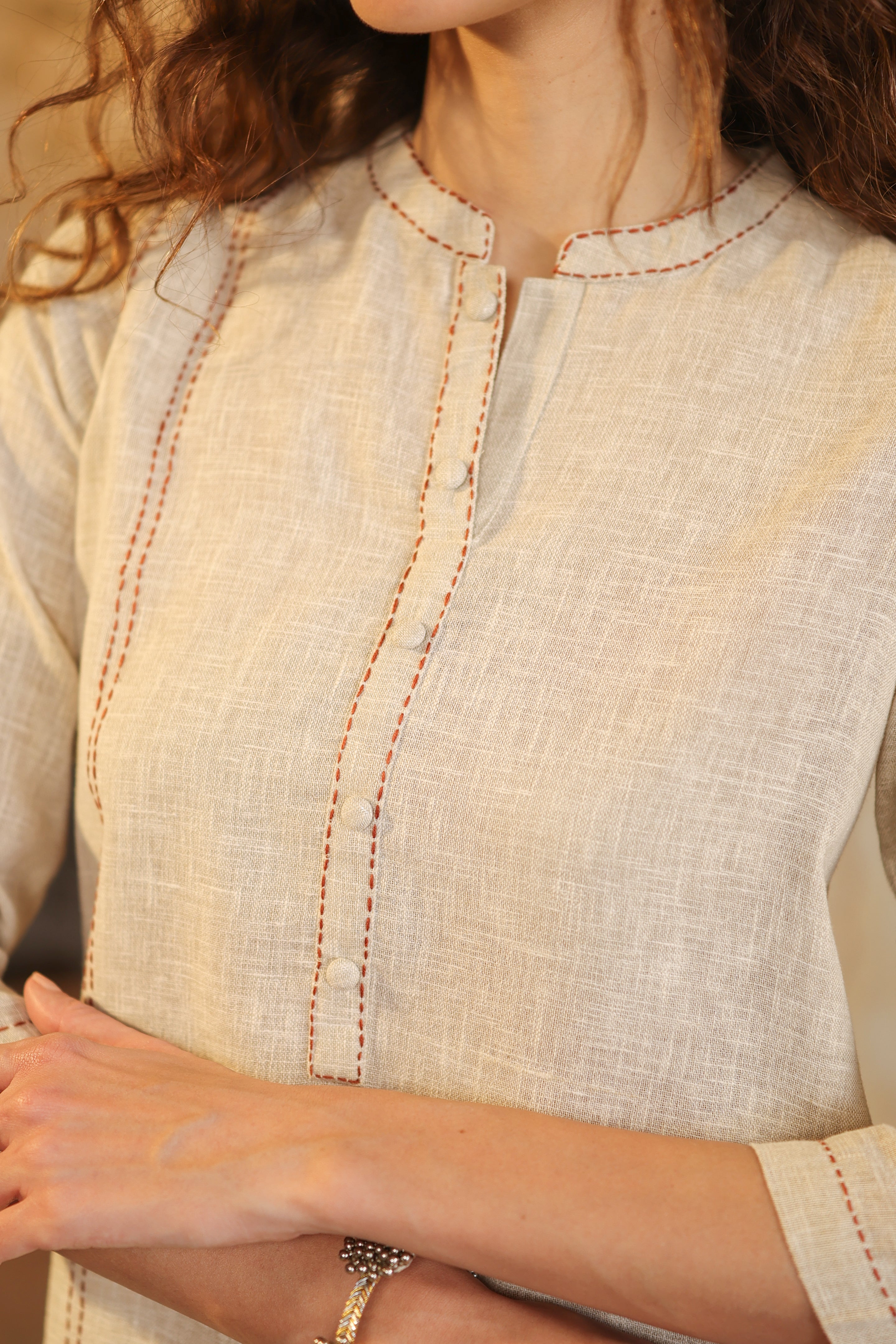 Nura Linen Kurta with Gul Rekh Detailing - Navy or Tuscan Beige