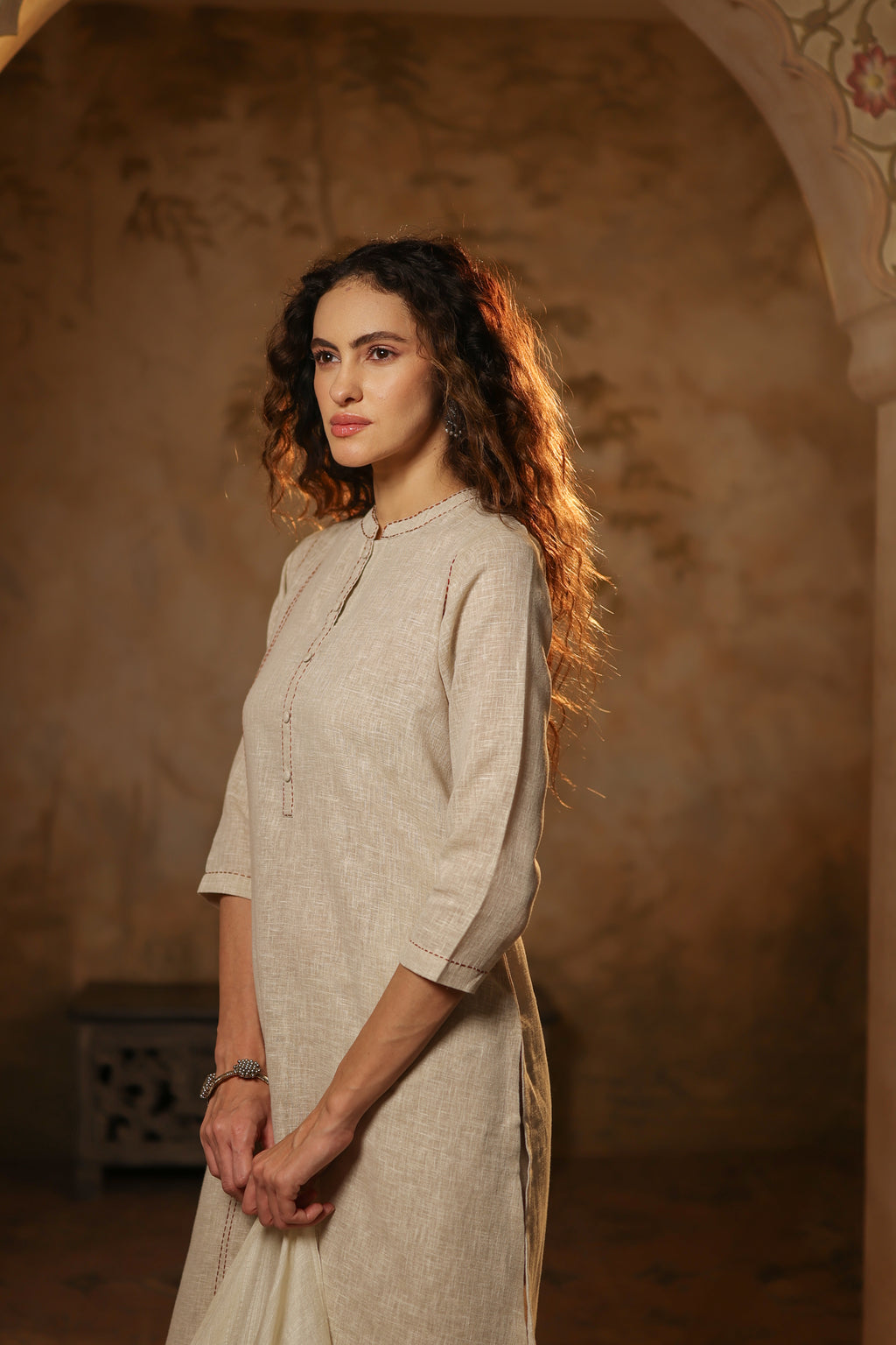 Nura Linen Kurta with Gul Rekh Detailing - Navy or Tuscan Beige