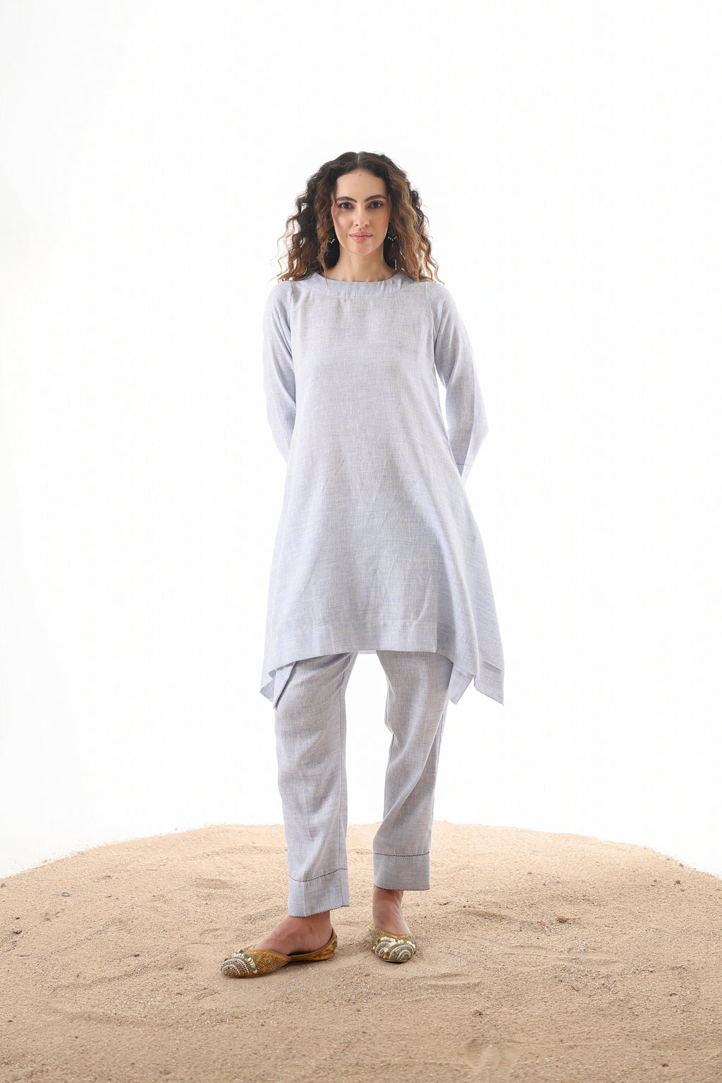 Aks Flowy Co-ord Set with Asymmetrical Hem & Handwork Detailing - Powder Blue or Mint Dust
