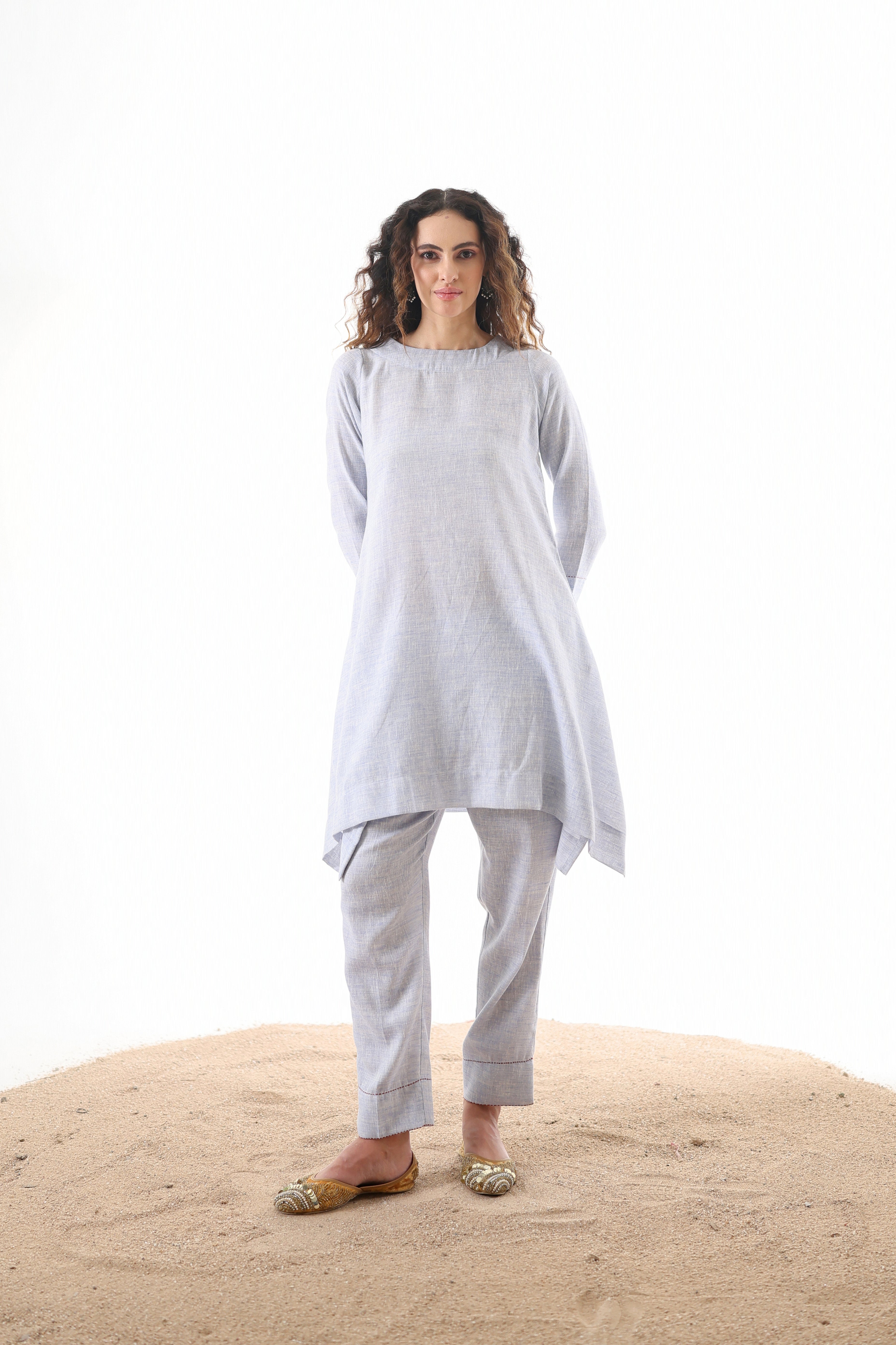 Aks Flowy Co-ord Set with Asymmetrical Hem & Handwork Detailing - Powder Blue or Mint Dust